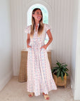 BEAU & RO Flutter Midi Dress Ikat Stripe Ivory