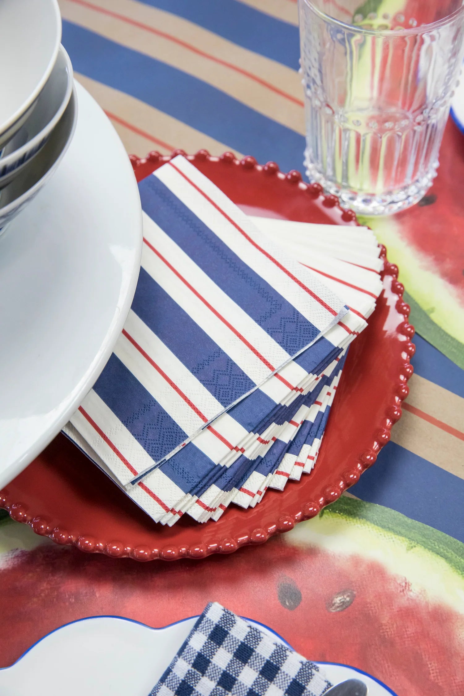 Navy & Red Awning Stripe Cocktail Napkins Set/20