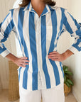FRANK & EILEEN Eileen Button Up Wide Blue Stripe
