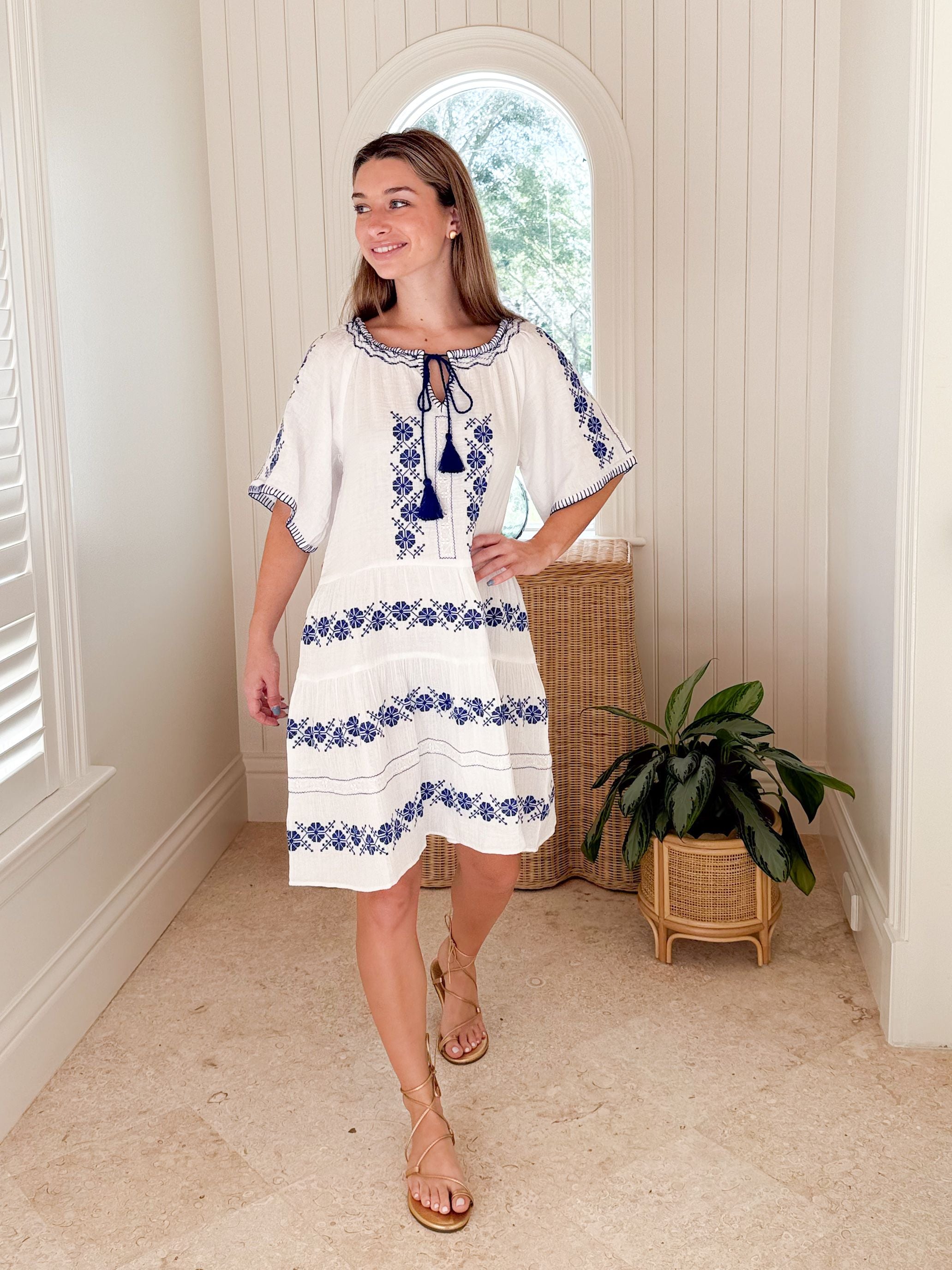 ROSE AND ROSE Holborn Dress White w/ Blue