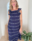FINAL SALE MER ST. BARTH Eva Ruffle Dress Navy Embroidery