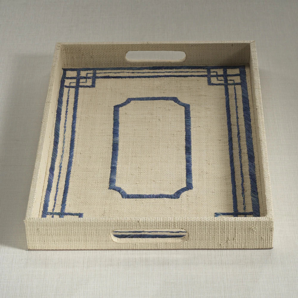 Blue Pattern Raffia Serving Tray