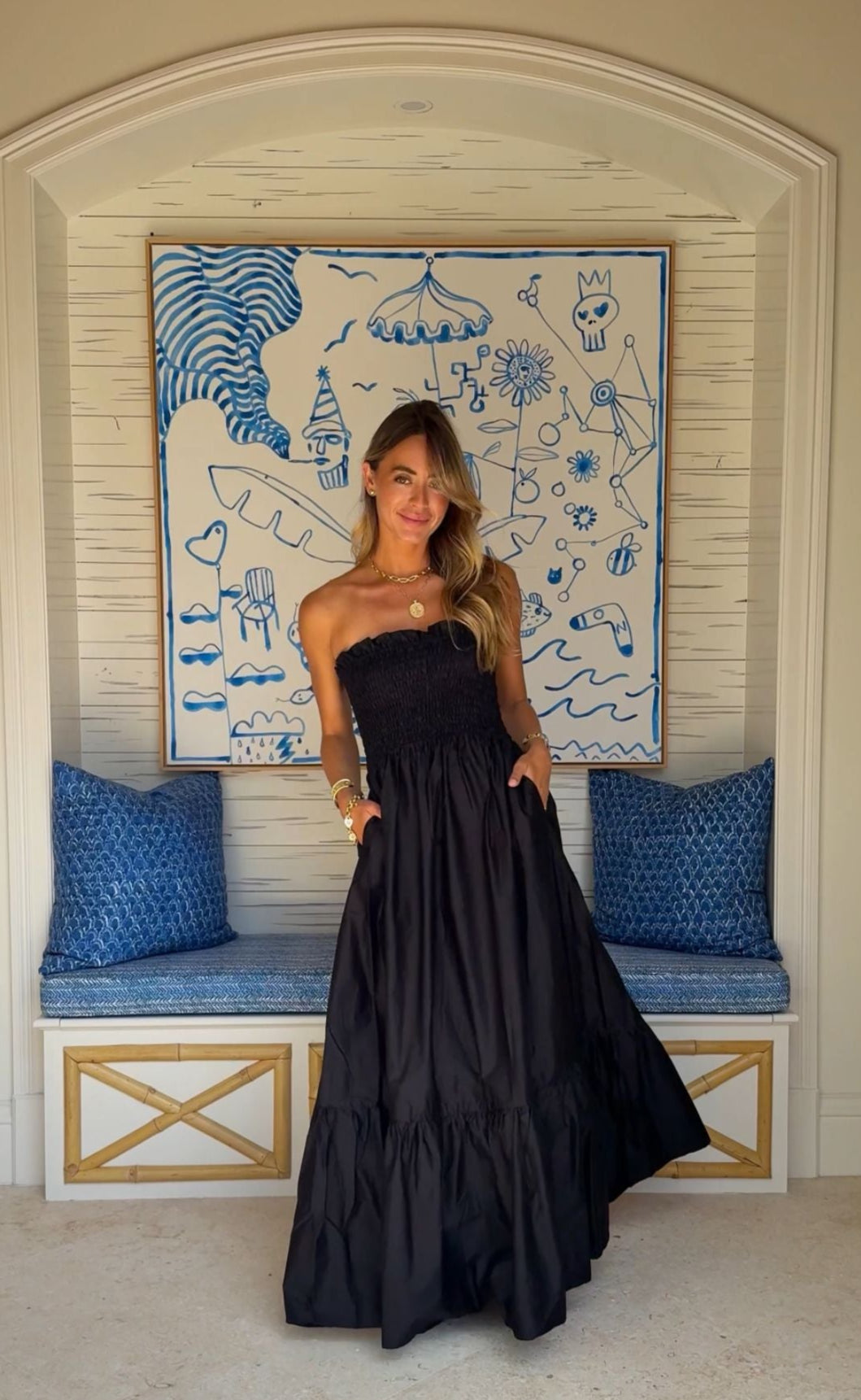 KASIA Cosmos Strapless Smocked Maxi Dress Black