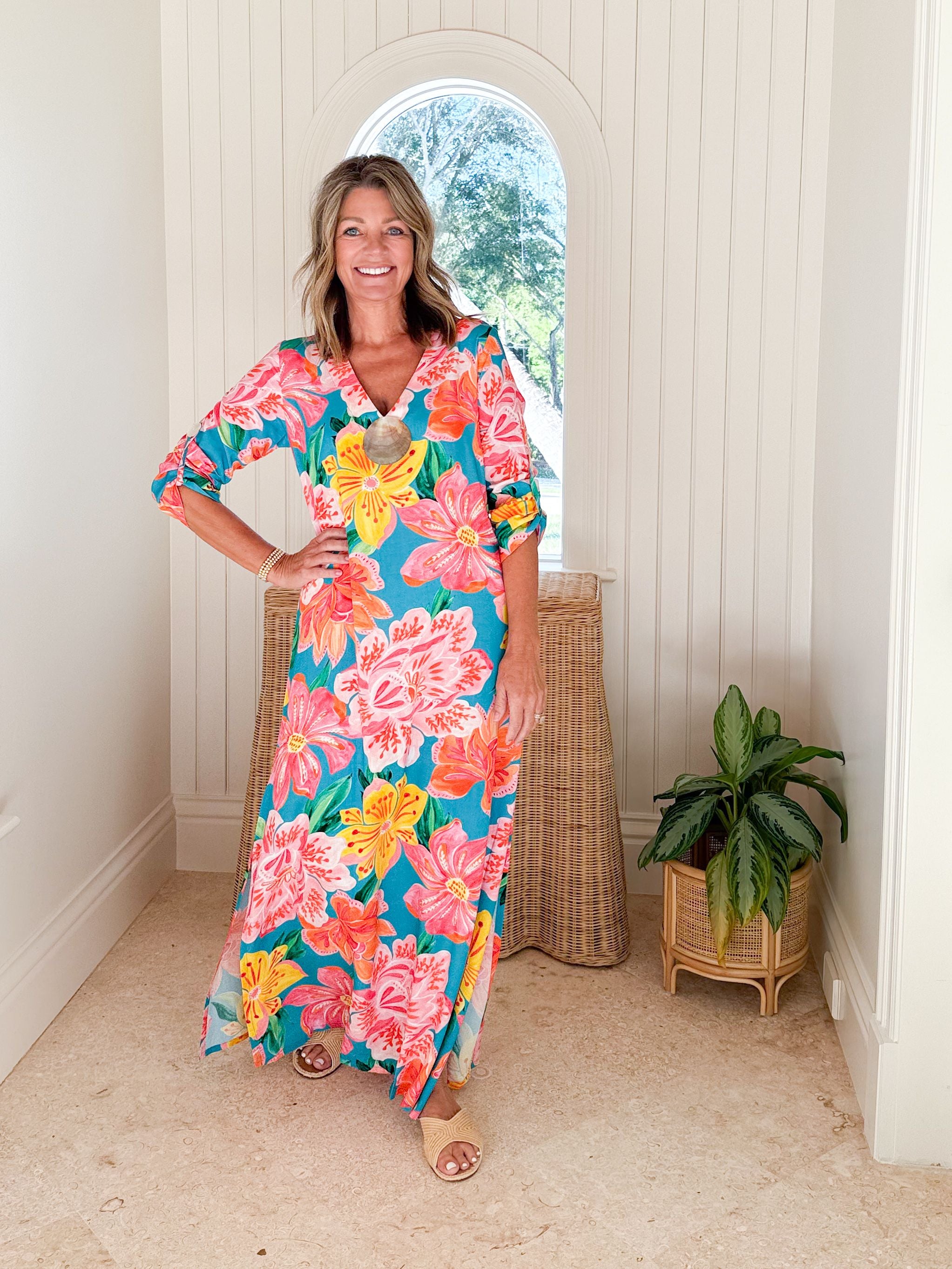 WALKER & WADE Seychelles Kaftan Turquoise Fuchsia