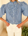 OLIPHANT Ruffle Front Button Blouse Devon Blue
