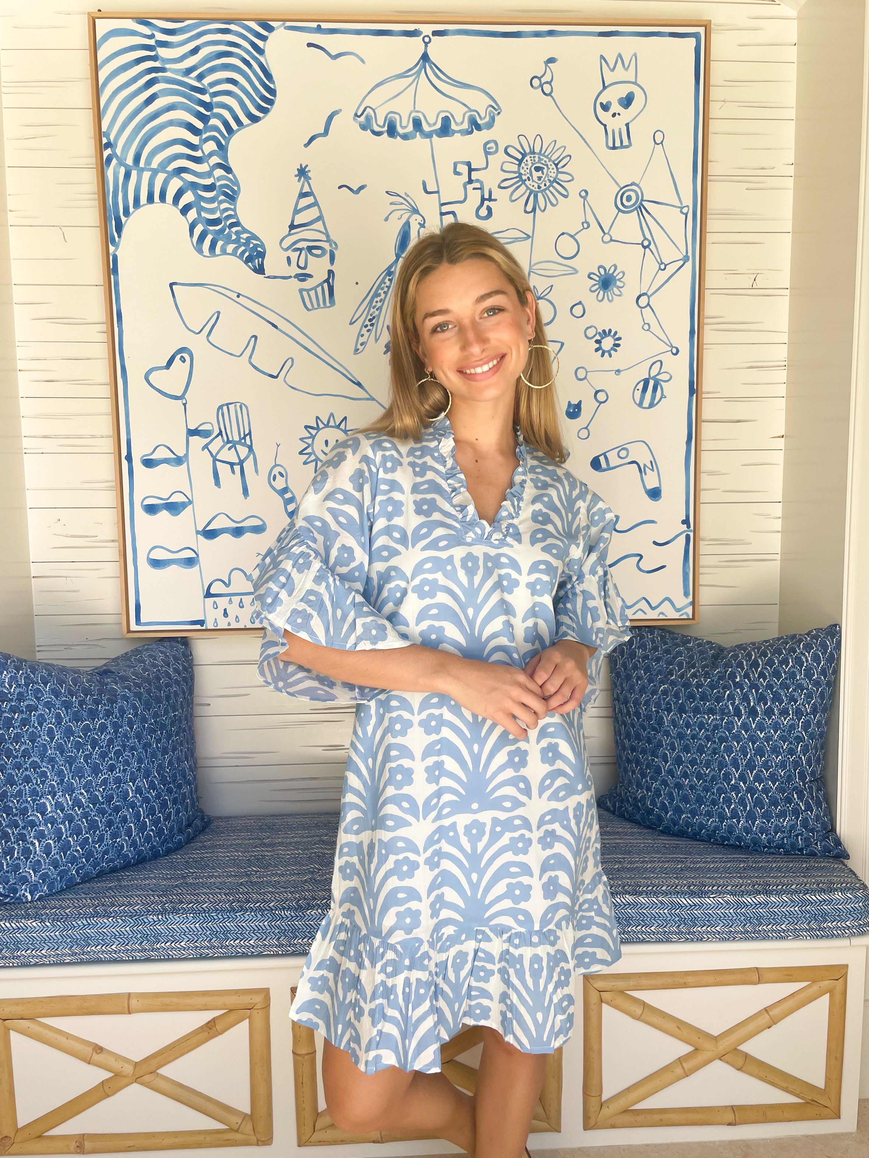 FITZROY & WILLA Soleil Mini Dress Periwinkle Ikat Block