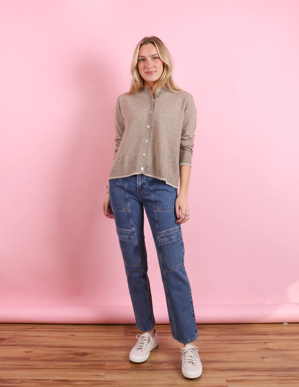 JUMPER 1234 Cashmere Tipped Crew Cardigan Brown Buff
