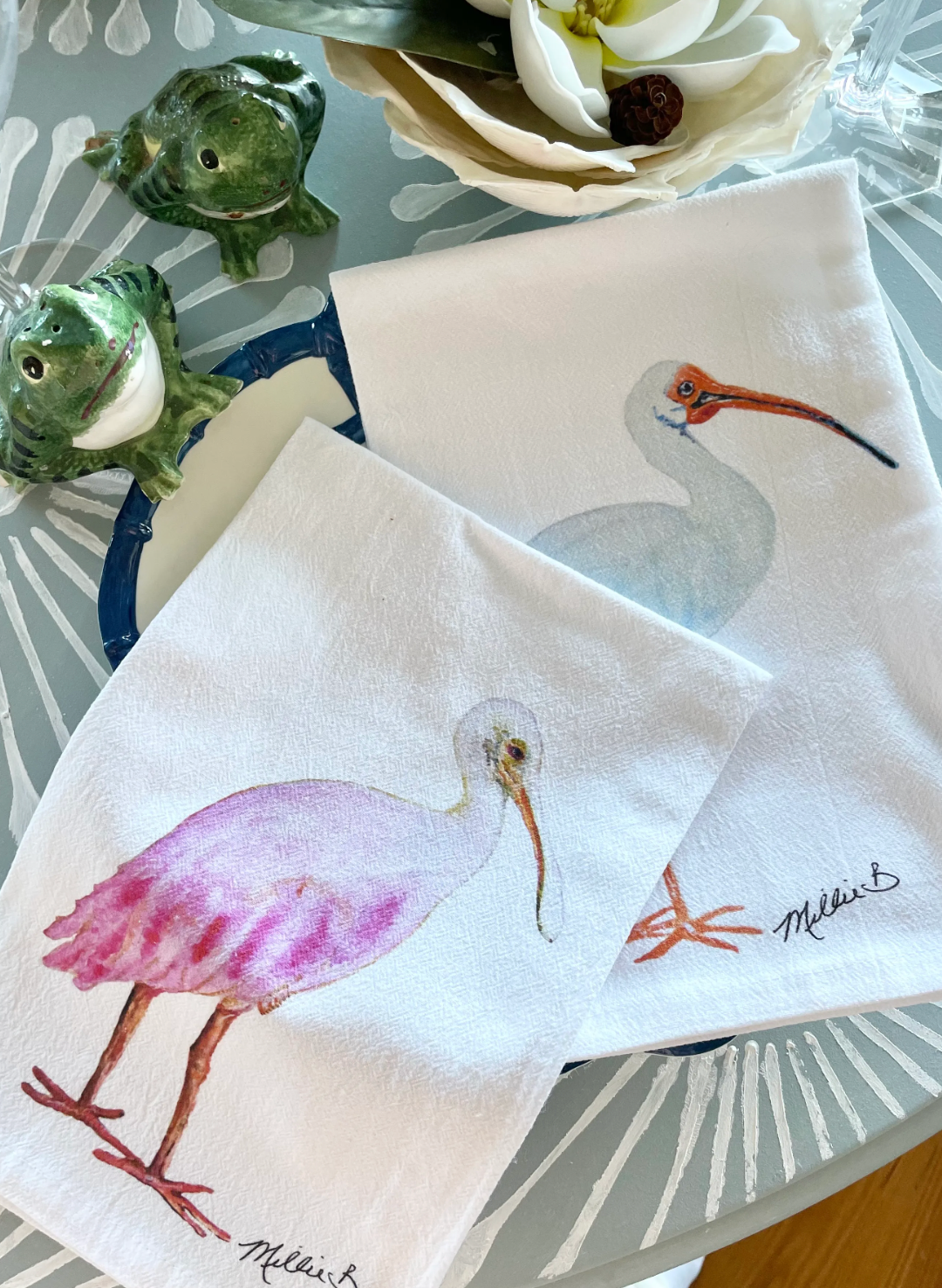 Watercolor Spoonbill Print White Flour Sack Towel