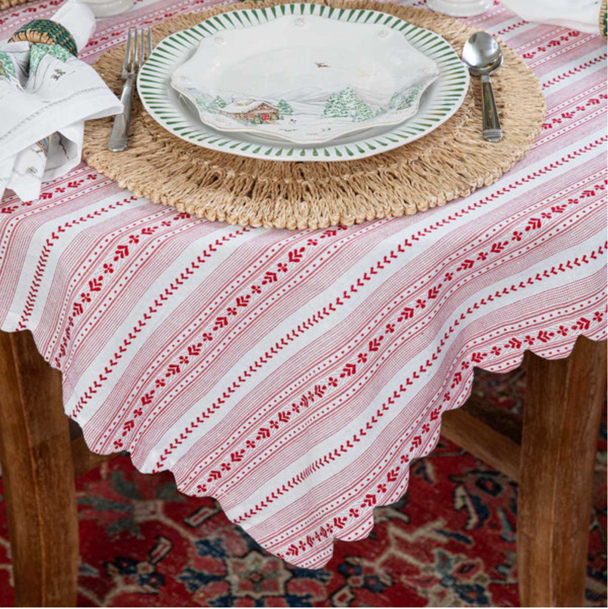 JULISKA Villa Stripe 52" Square Tablecloth - Ruby