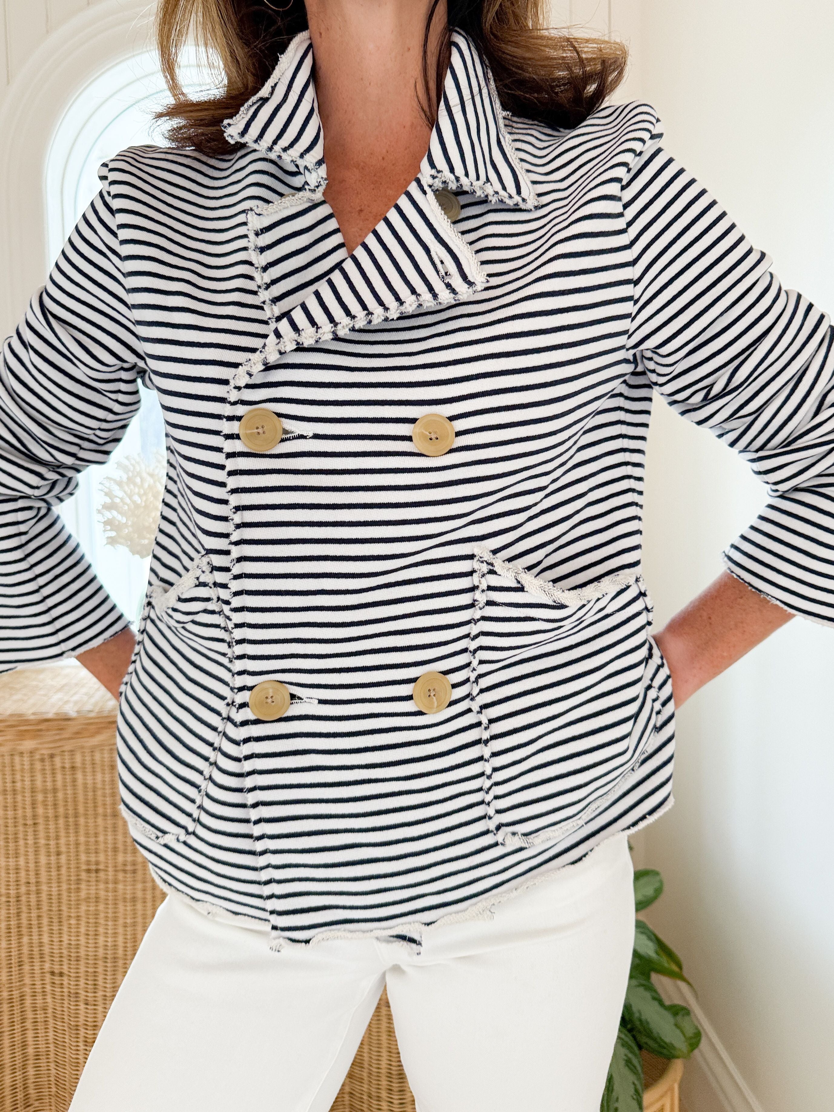 FRANK & EILEEN Mini Belfast Crop Peacoat Navy French Stripe