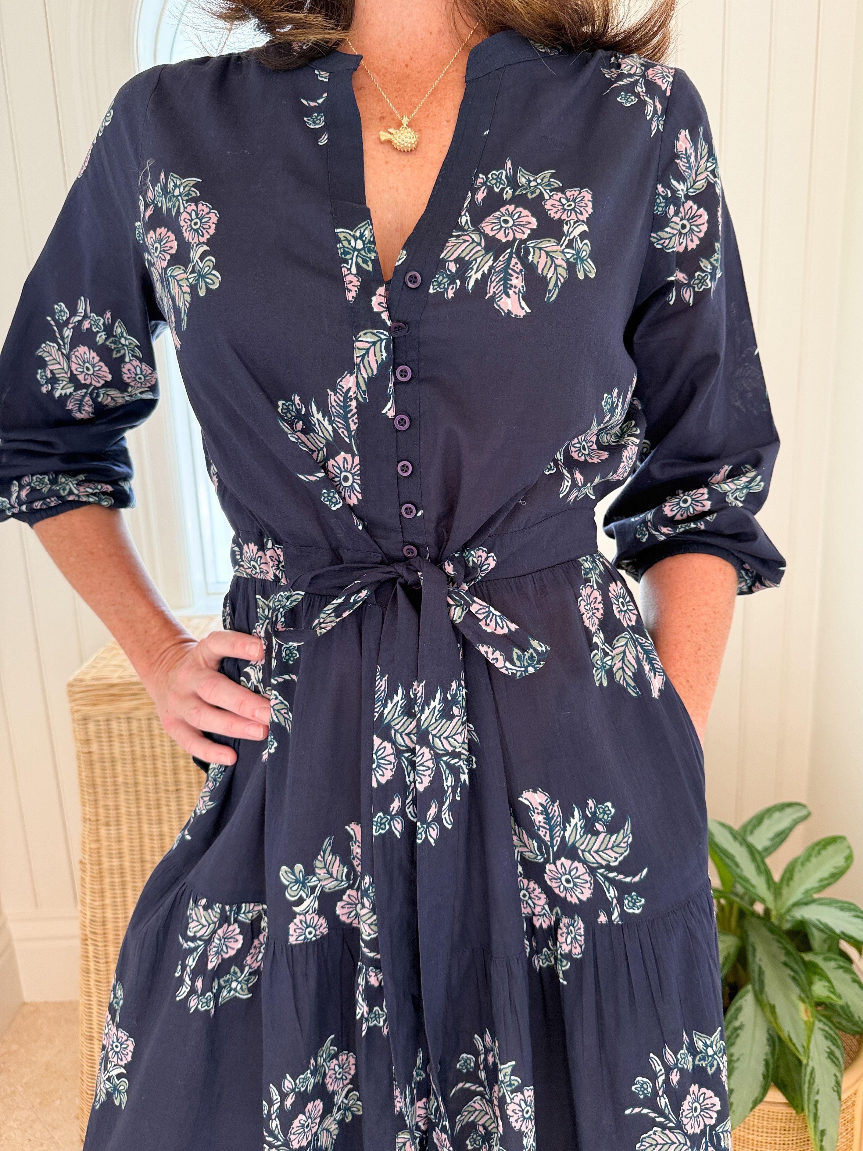 LOLA AUSTRALIA Daisy Boo Midi Dress Wreath Navy