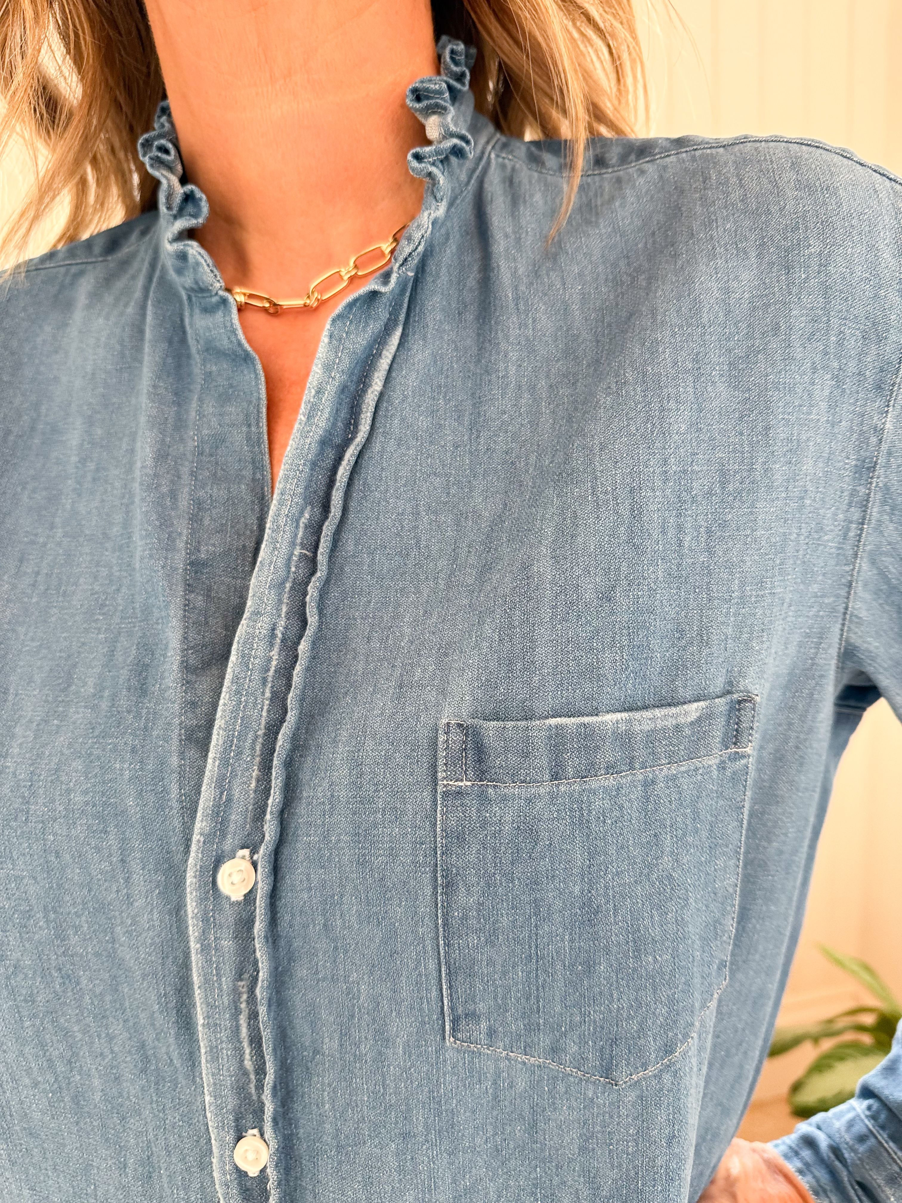 FRANK & EILEEN Mary Shirtdress Ruffle Vintage Stonewashed Indigo