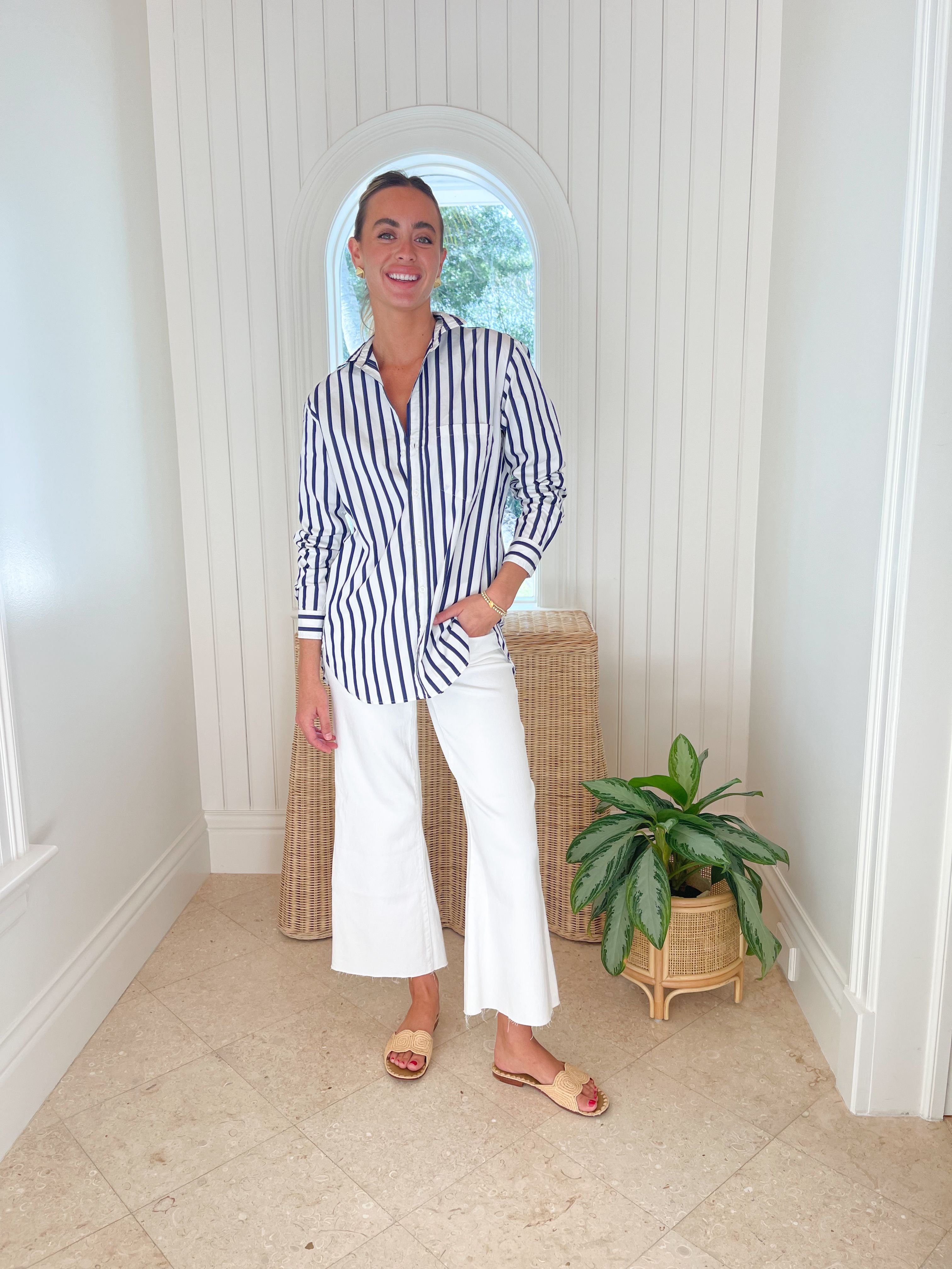 FRANK & EILEEN Joedy Button Up Wide Navy Stripe