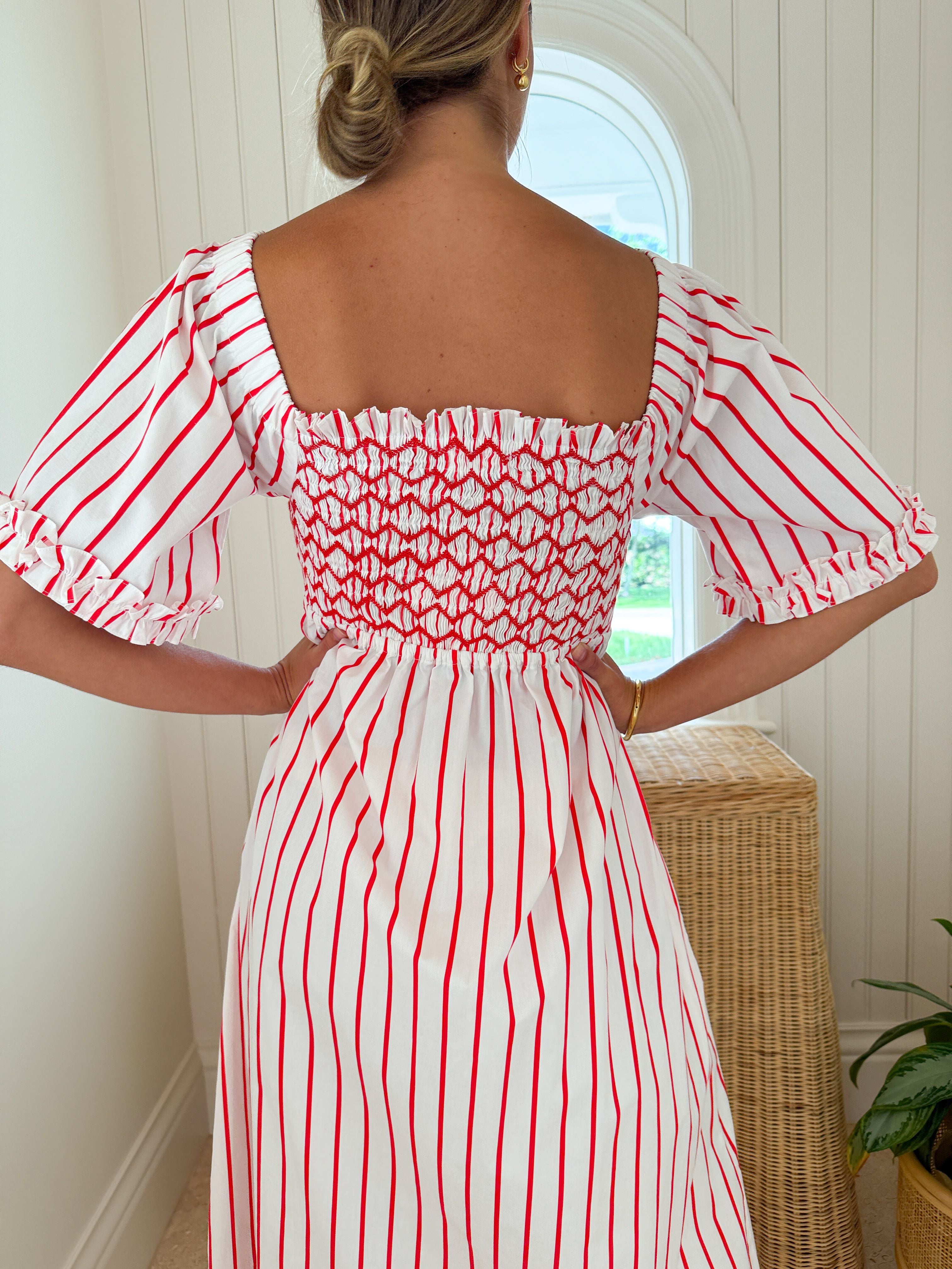 SMOCK LONDON Josefine Butler Dress Aquafresh Stripe w/ Big Apple