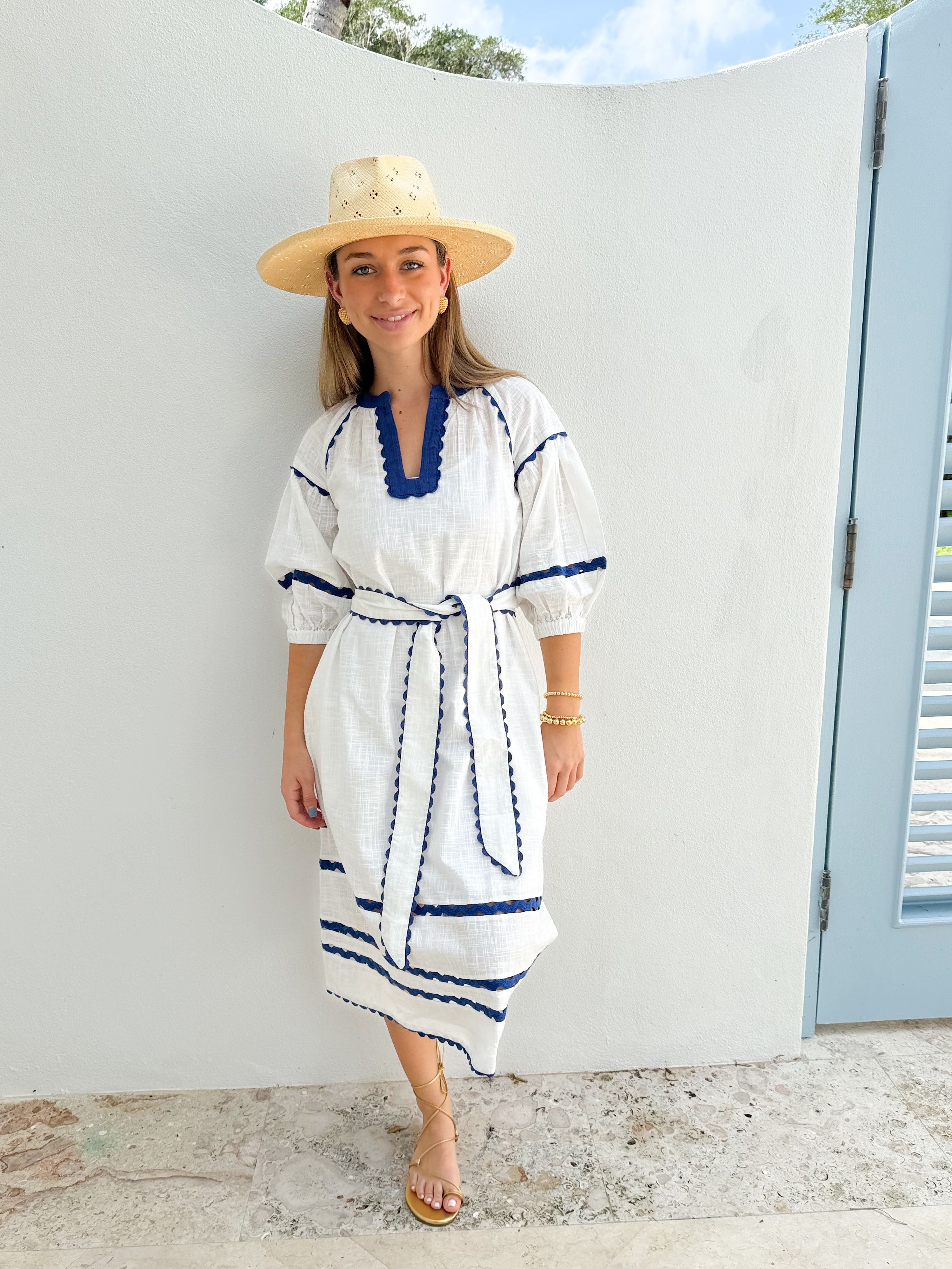 ROSE AND ROSE Fulham Dress White w/ Blue