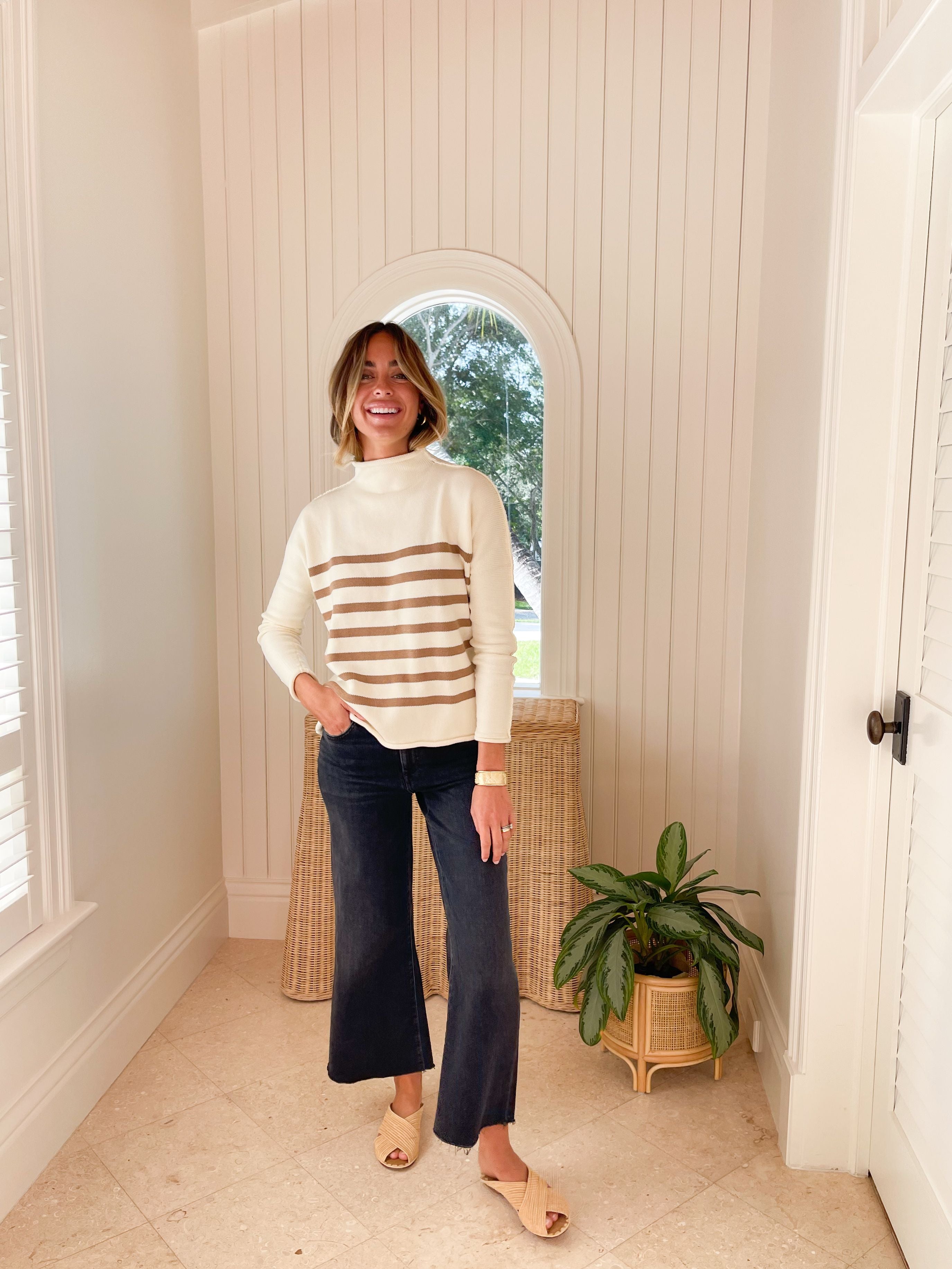 FRANK & EILEEN Monterey Sweater Ivory w/ Camel Stripe