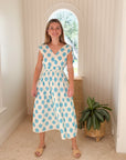 FINAL SALE MER ST. BARTH Noemie Women's Ruched Maxi Dess Aqua Ikat