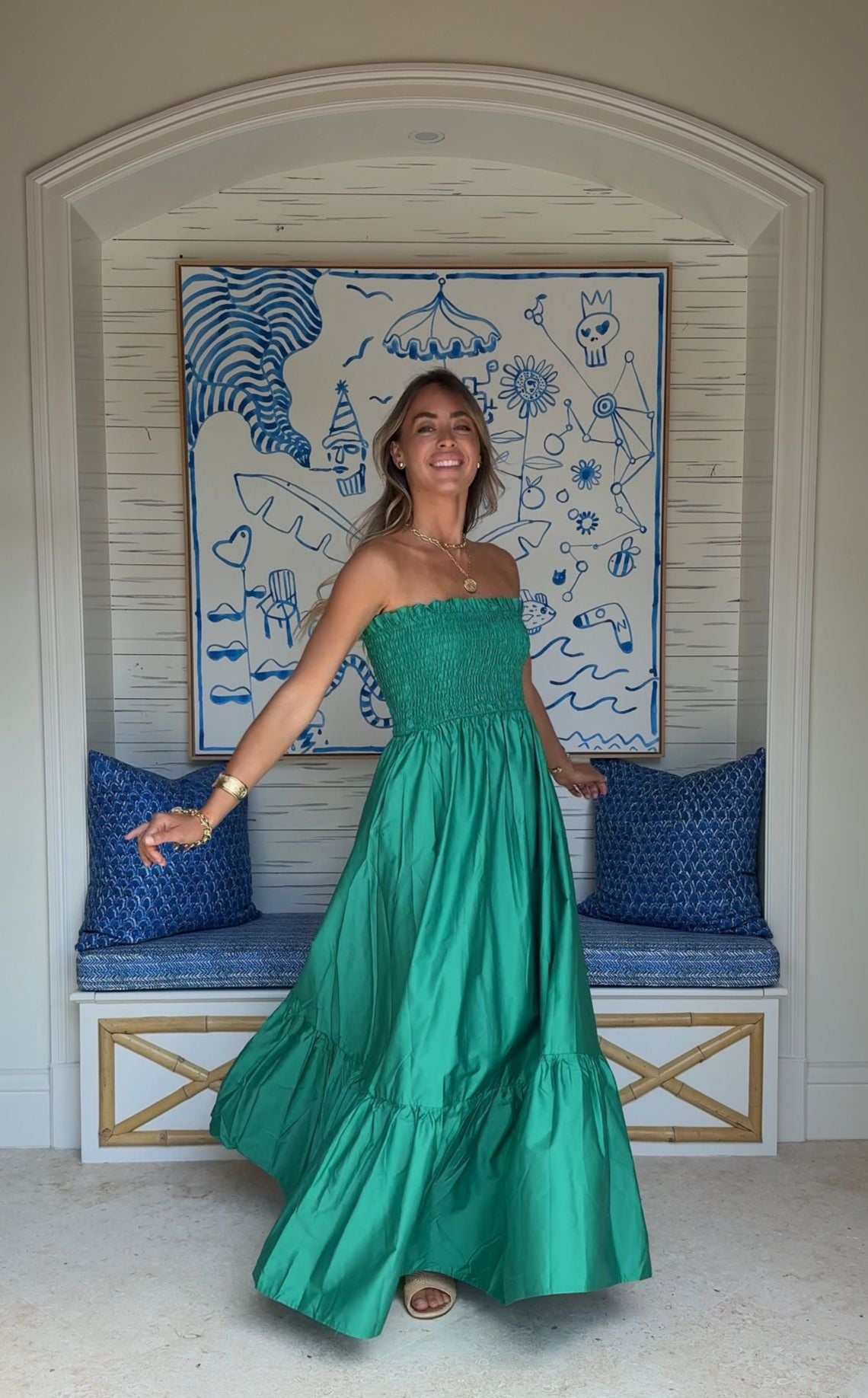 KASIA Cosmos Strapless Smocked Maxi Dress Green