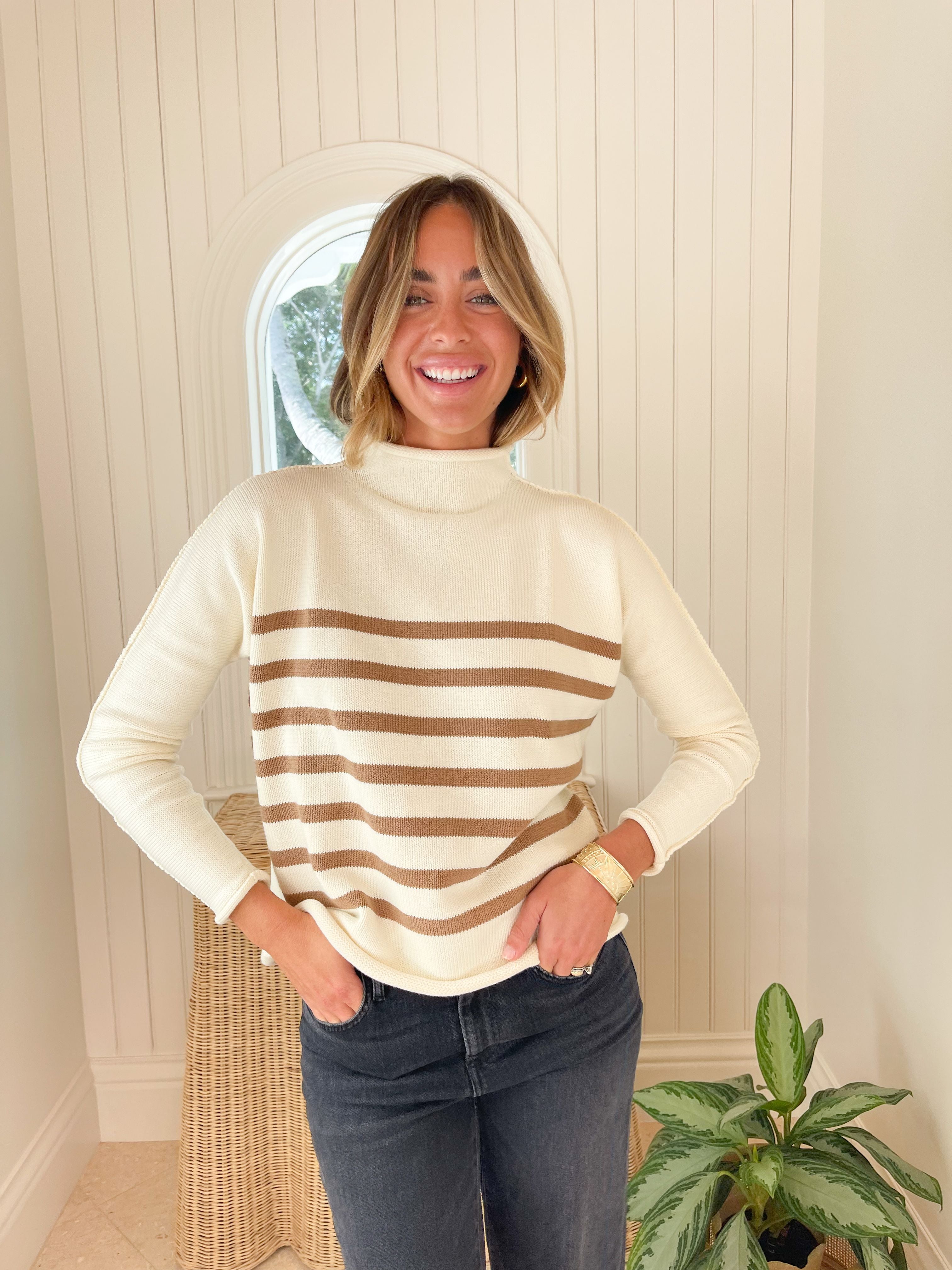 FRANK & EILEEN Monterey Sweater Ivory w/ Camel Stripe