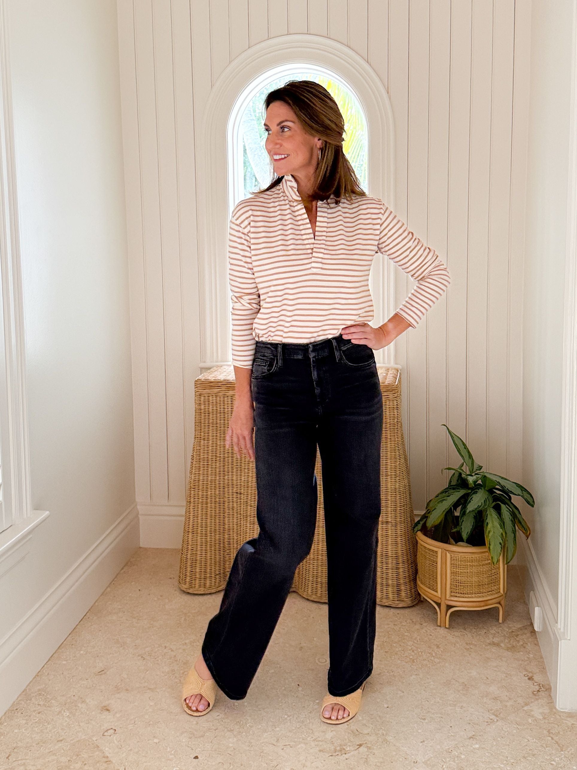 FRANK & EILEEN Patrick Popover Vintage White/Camel Stripe Jersey