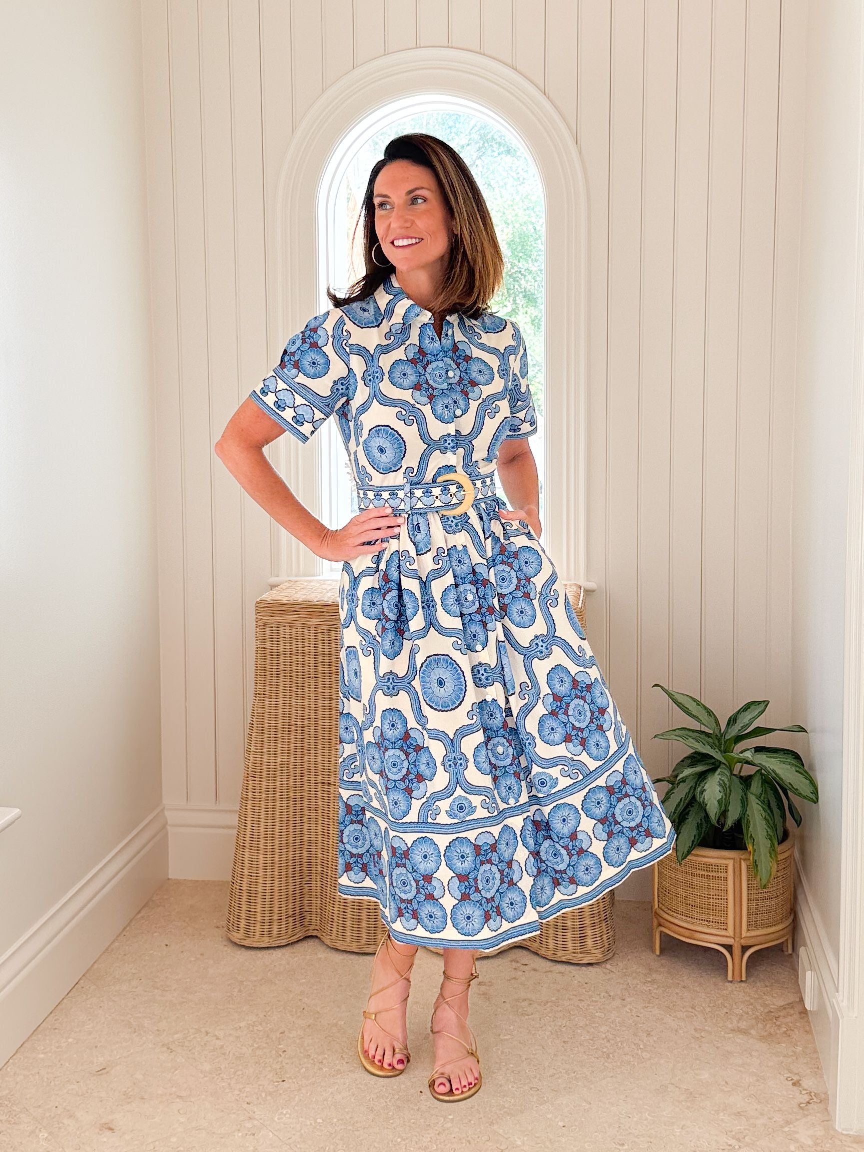 Cara Cara Malena Blue Floral Belted Midi Shirt Dress