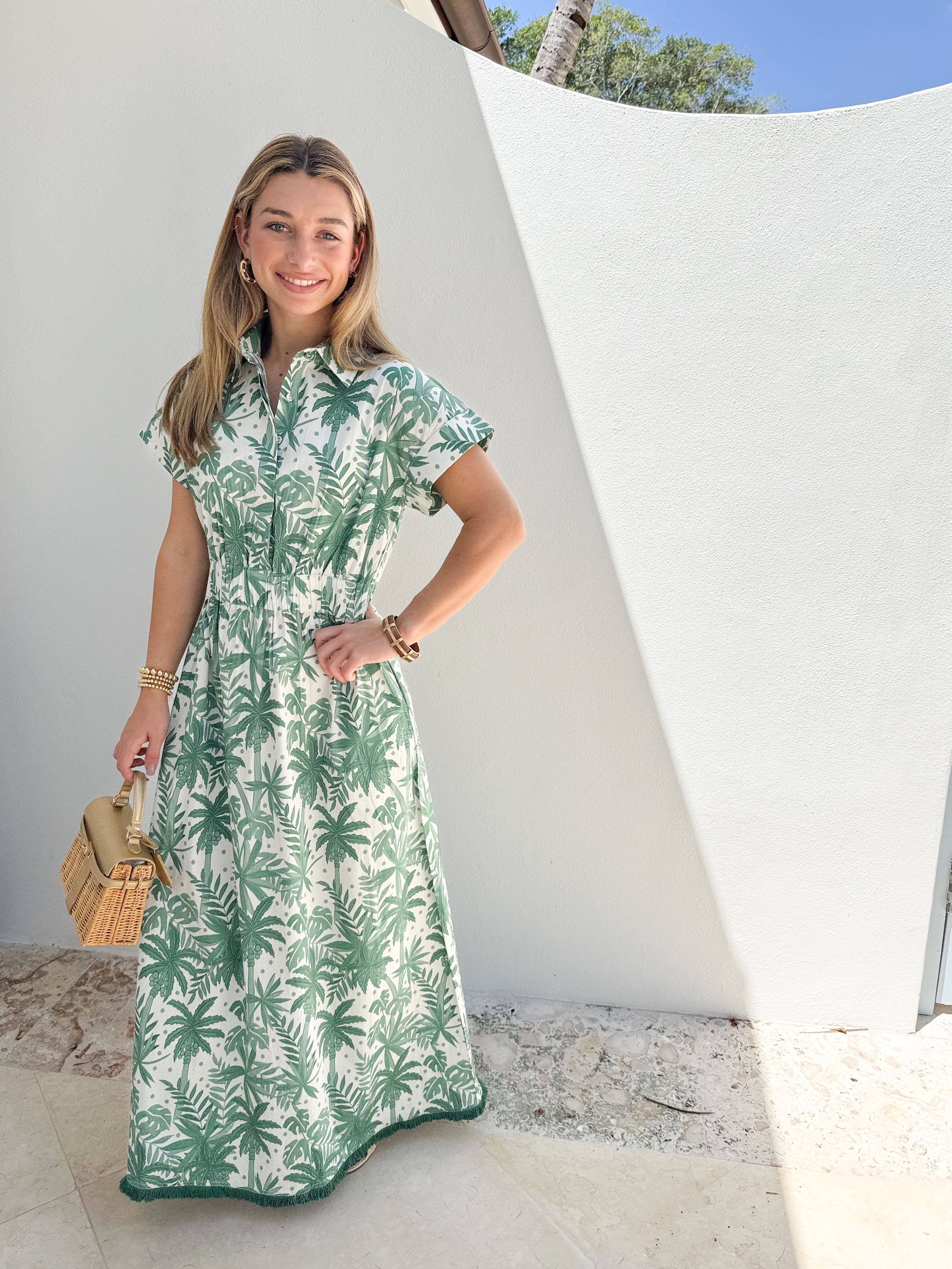 BEAU & RO Lisa Maxi Dress Beige Palm Leaf