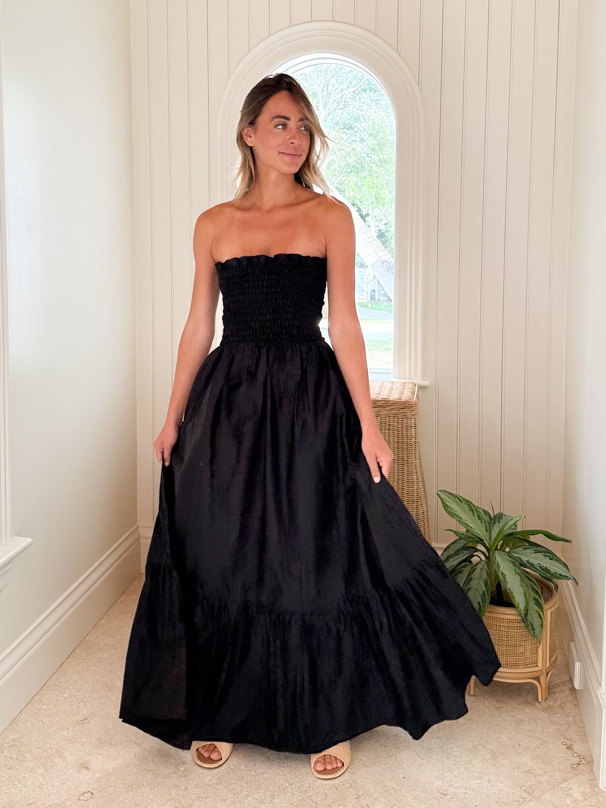 KASIA Cosmos Strapless Smocked Maxi Dress Black