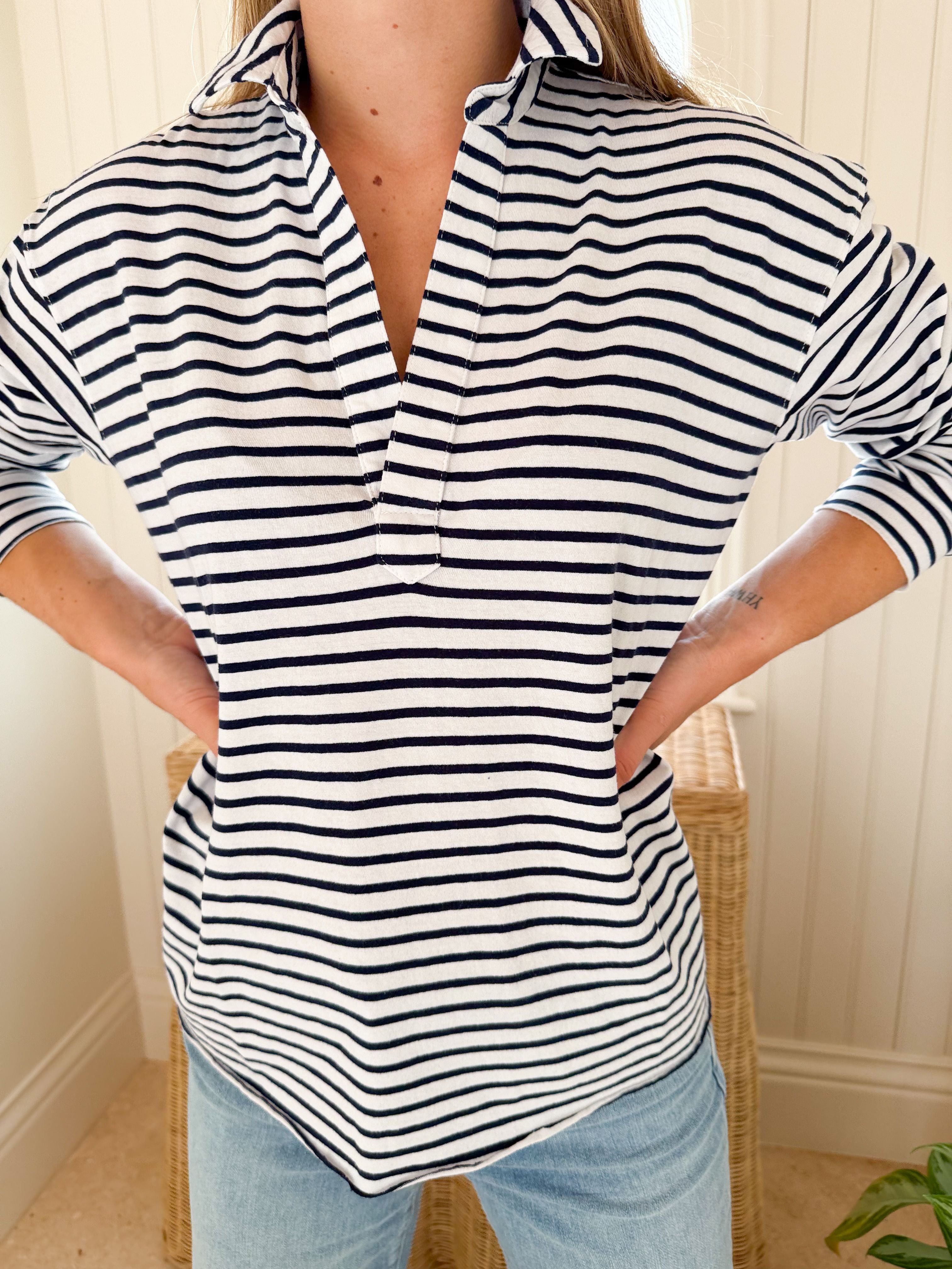 FRANK & EILEEN Patrick Popover Navy French Stripe Jersey