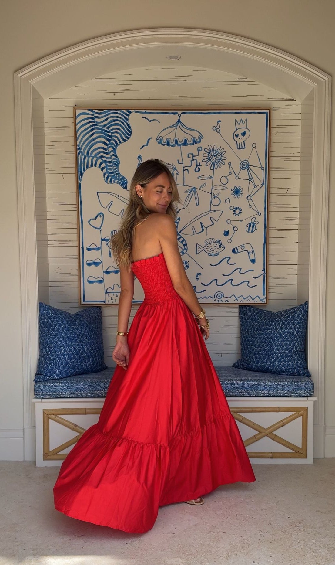 KASIA Cosmos Strapless Smocked Maxi Dress Red