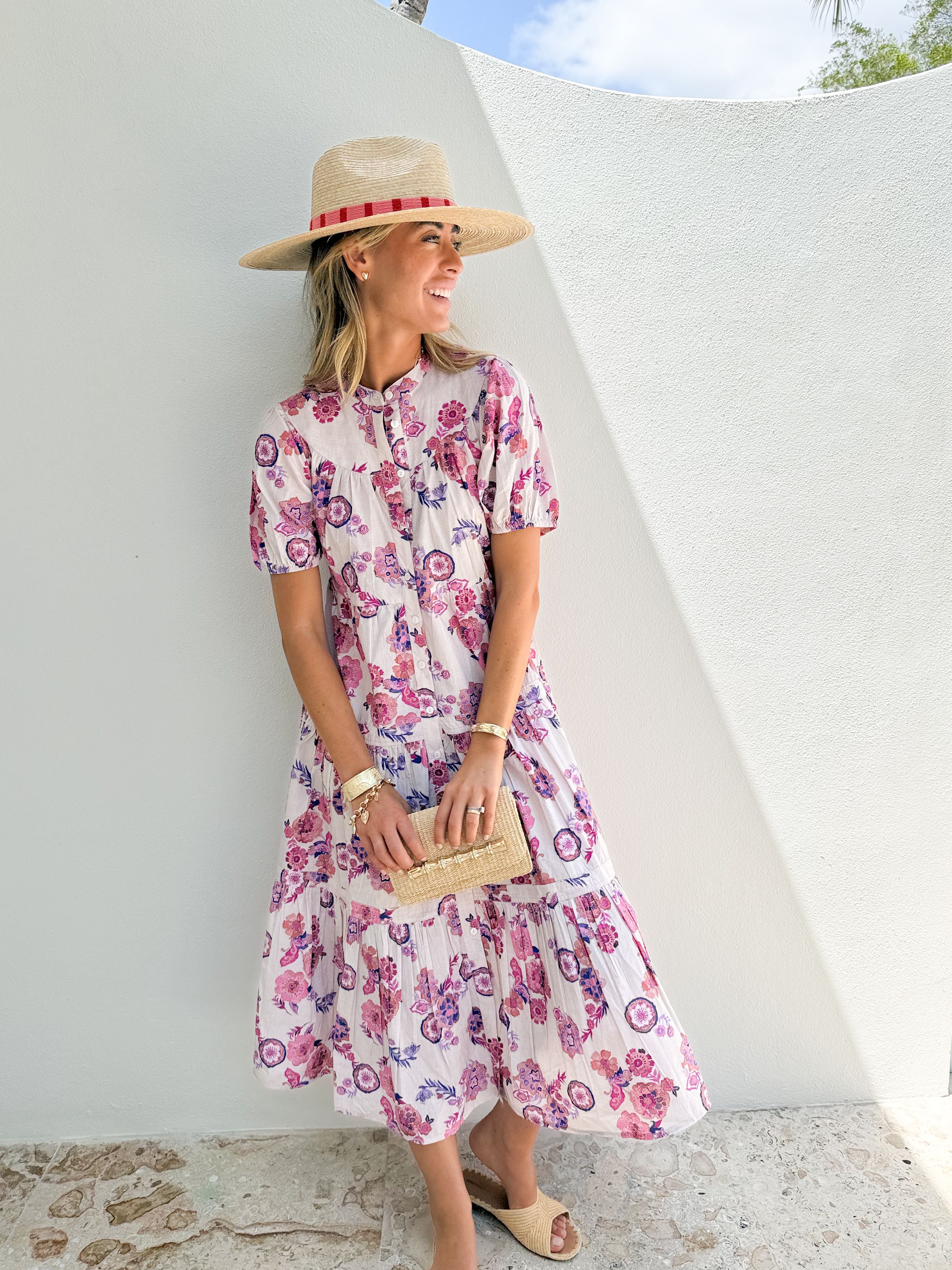 OLIPHANT Scooped Tiered Midi Dress Pretoria Pink