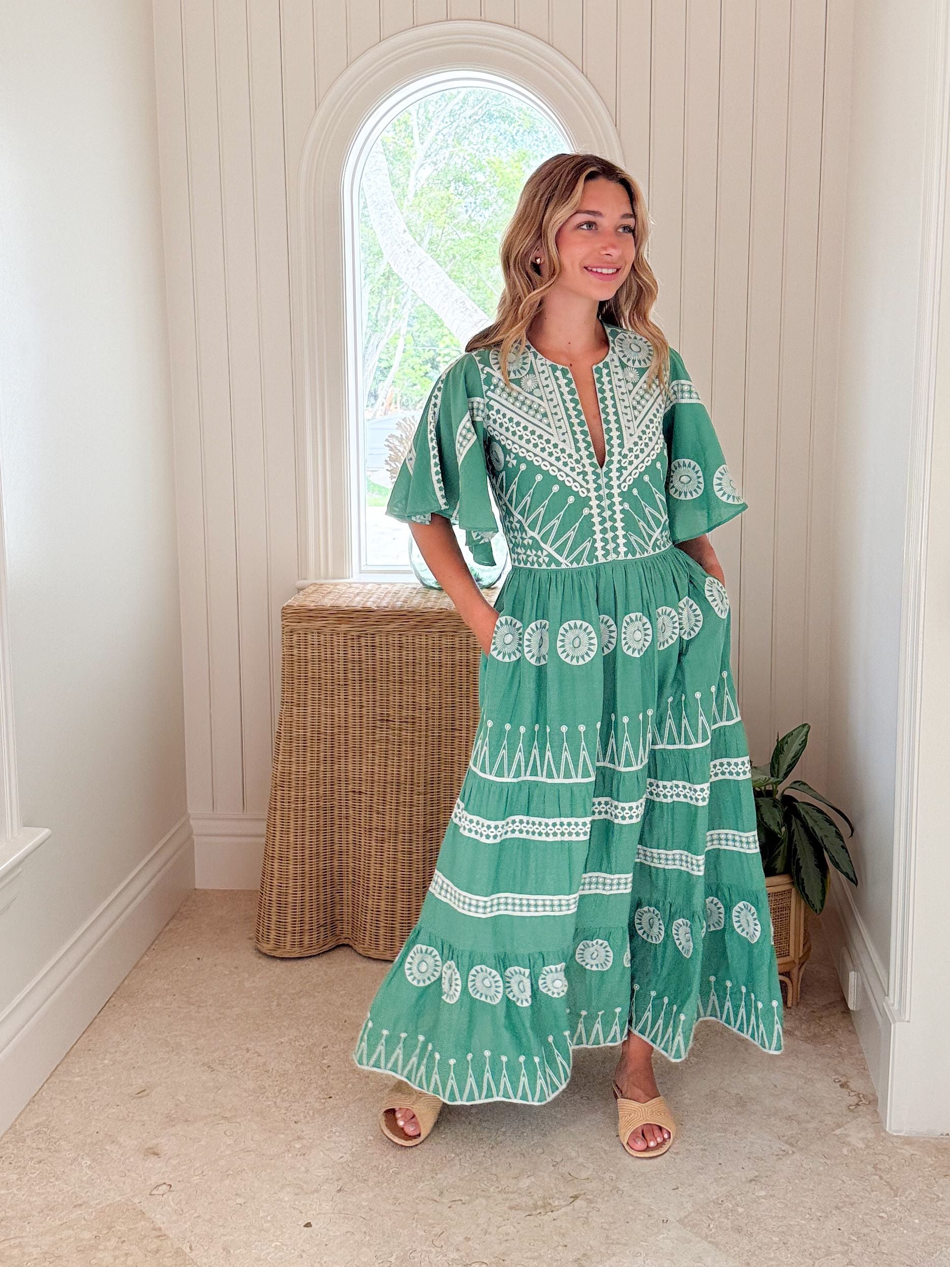 sage green boho dress OLIPHANT Flirty V-Neck Maxi Soleil Sage – Matilda's Life Style