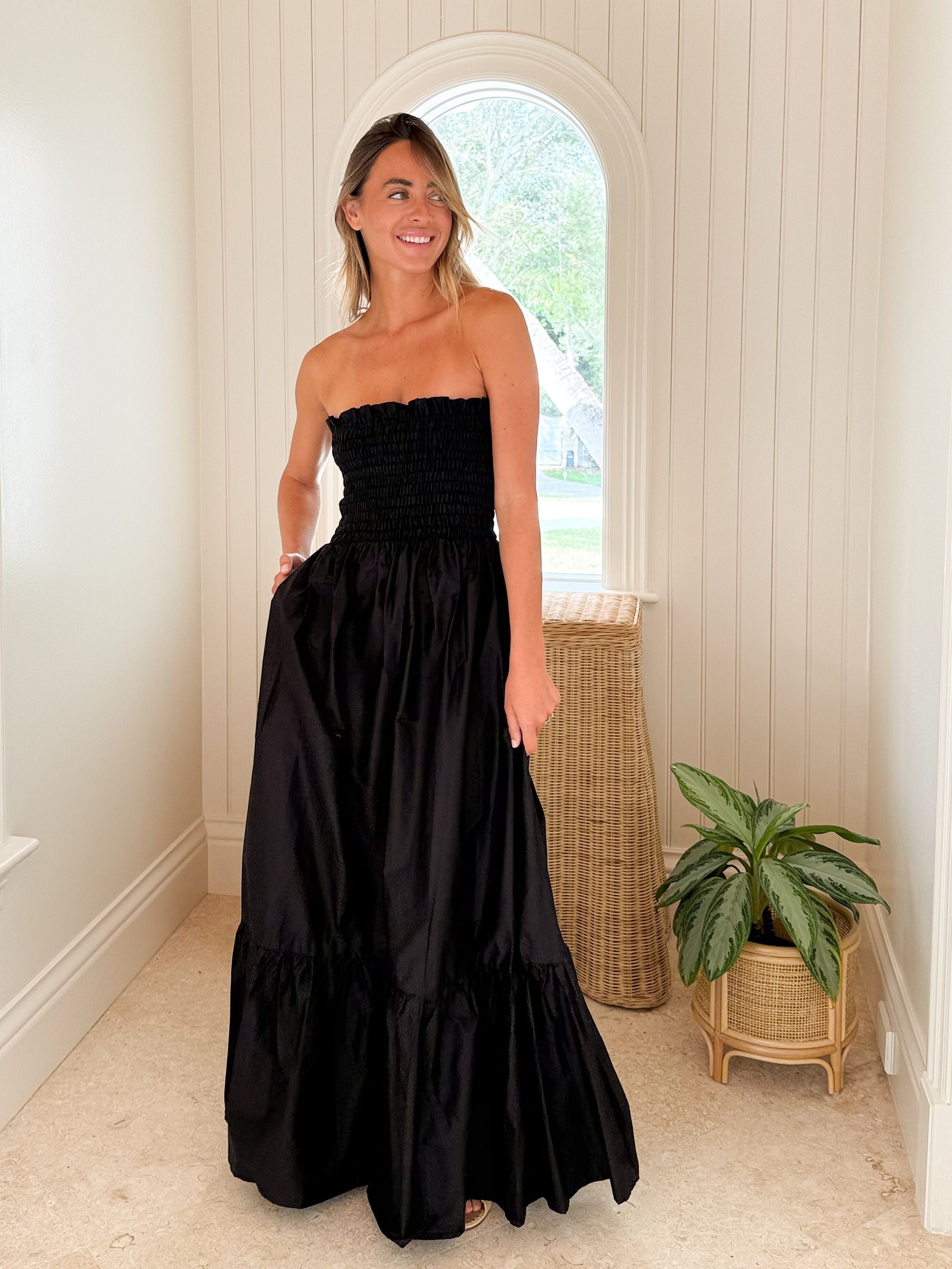KASIA Cosmos Strapless Smocked Maxi Dress Black