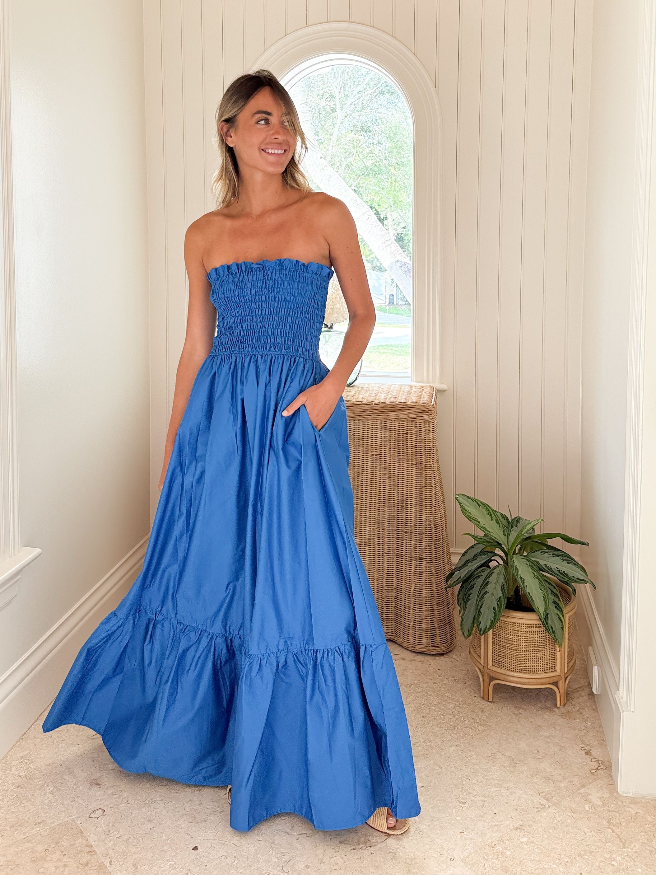 KASIA Cosmos Strapless Smocked Maxi Dress Blue