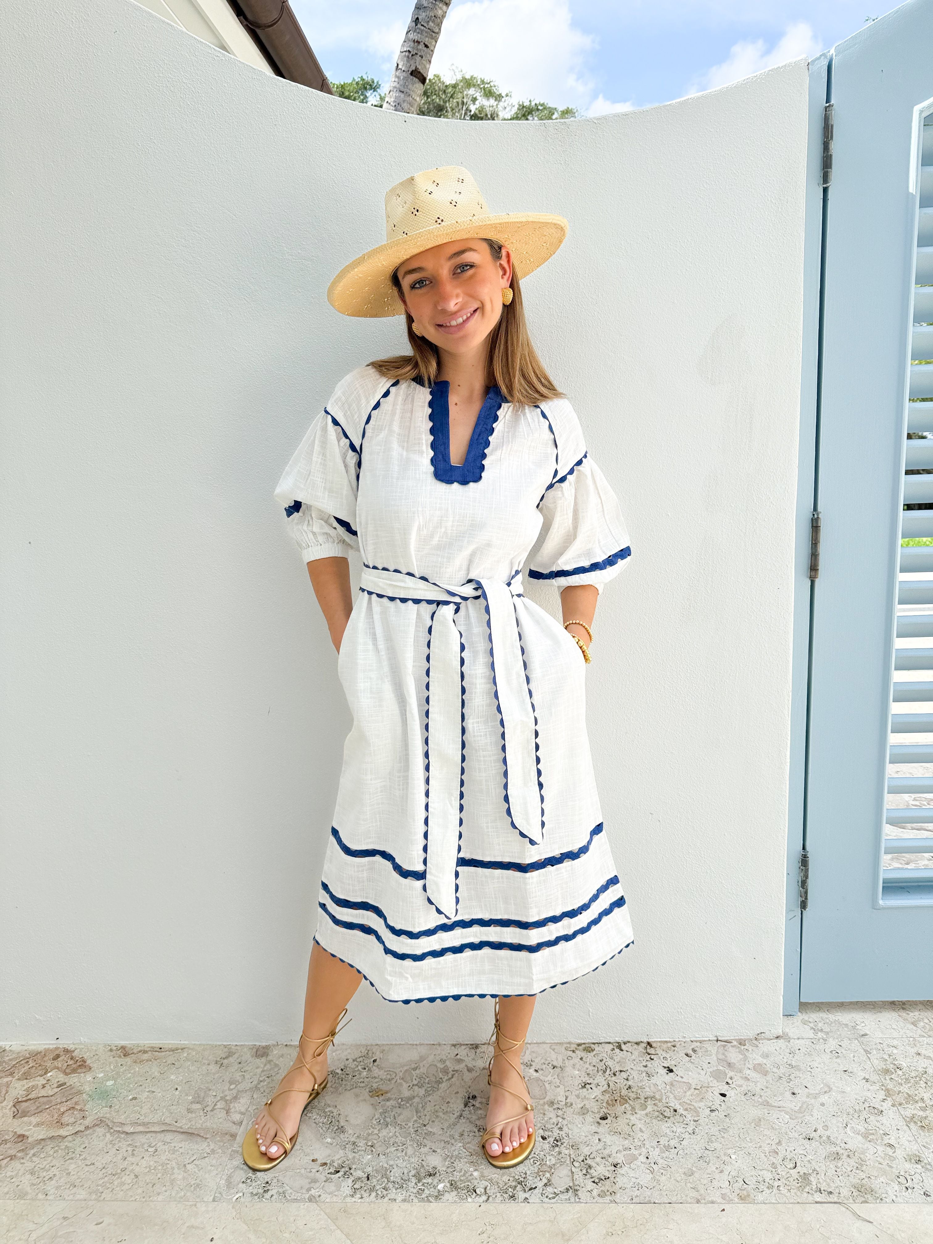 ROSE AND ROSE Fulham Dress White w/ Blue