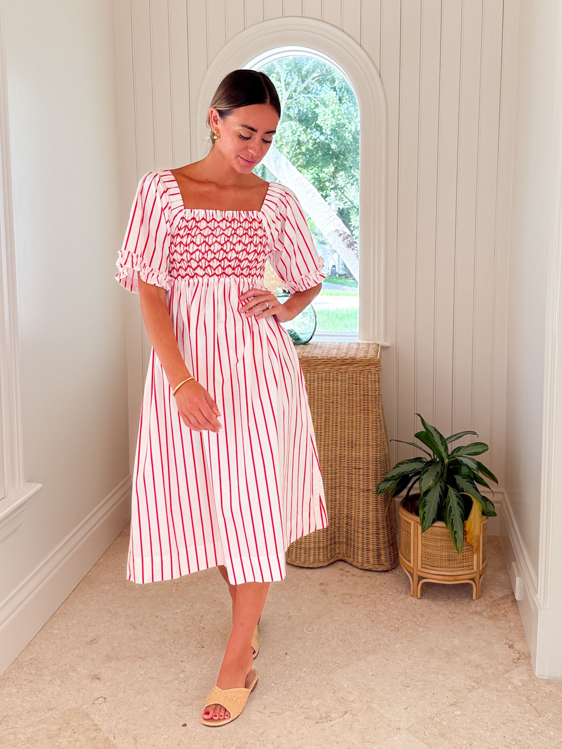 SMOCK LONDON Josefine Butler Dress Aquafresh Stripe w/ Big Apple