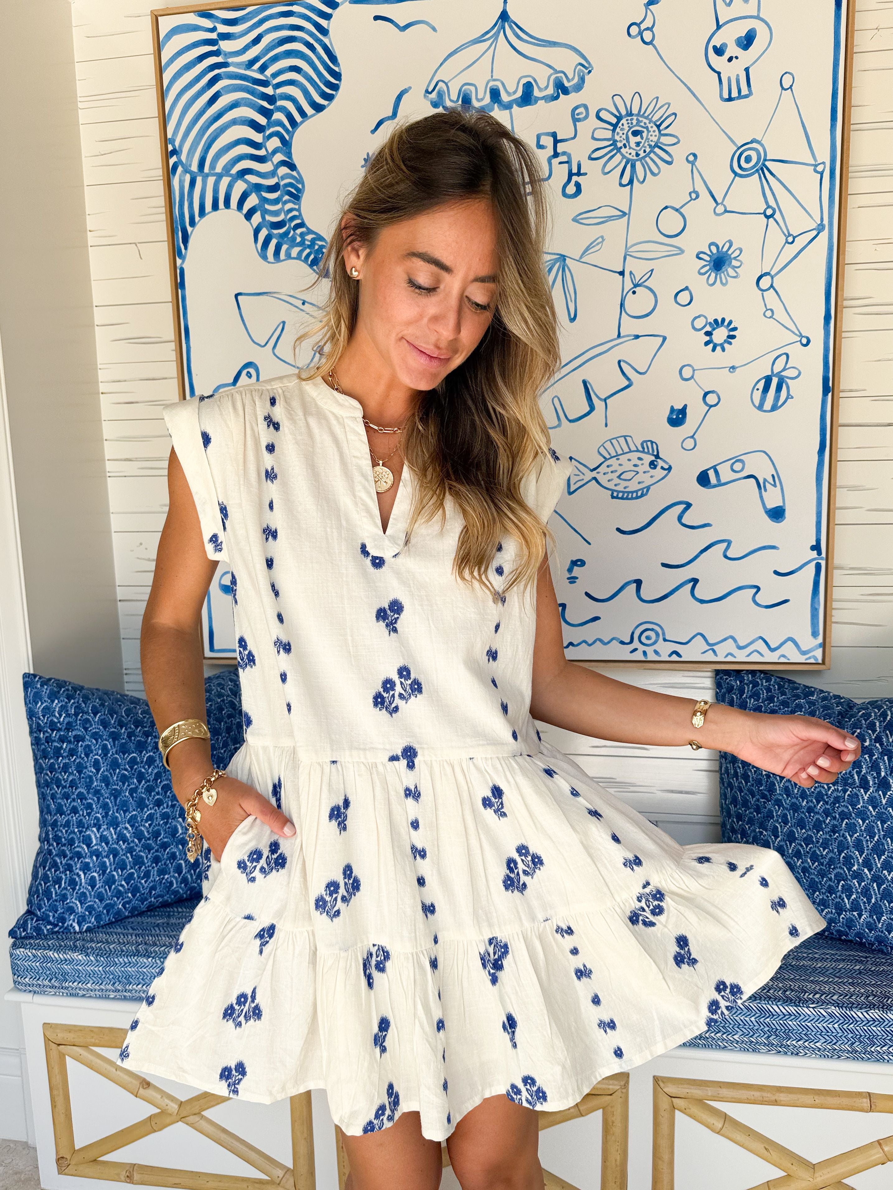OLIPHANT Roll Sleeve Dress Wicklow Blue