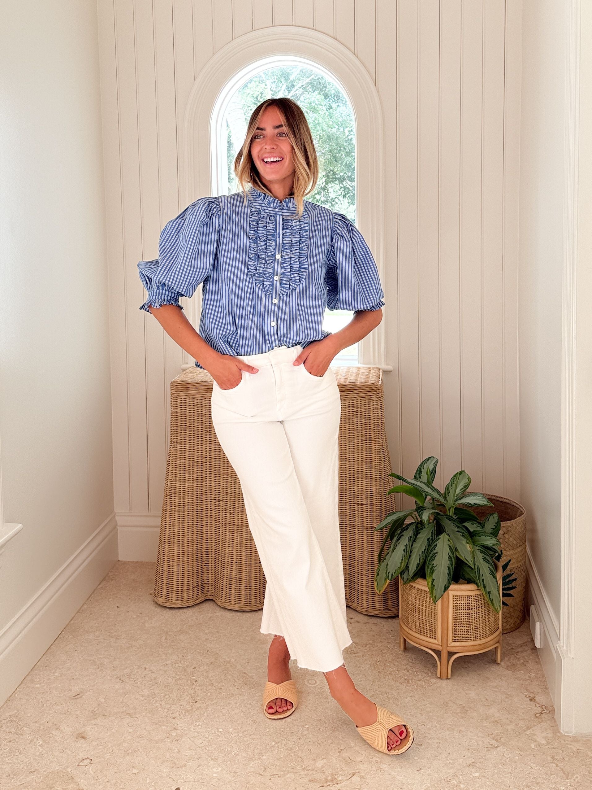 OLIPHANT Ruffle Front Button Blouse Devon Blue