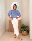 OLIPHANT Ruffle Front Button Blouse Devon Blue