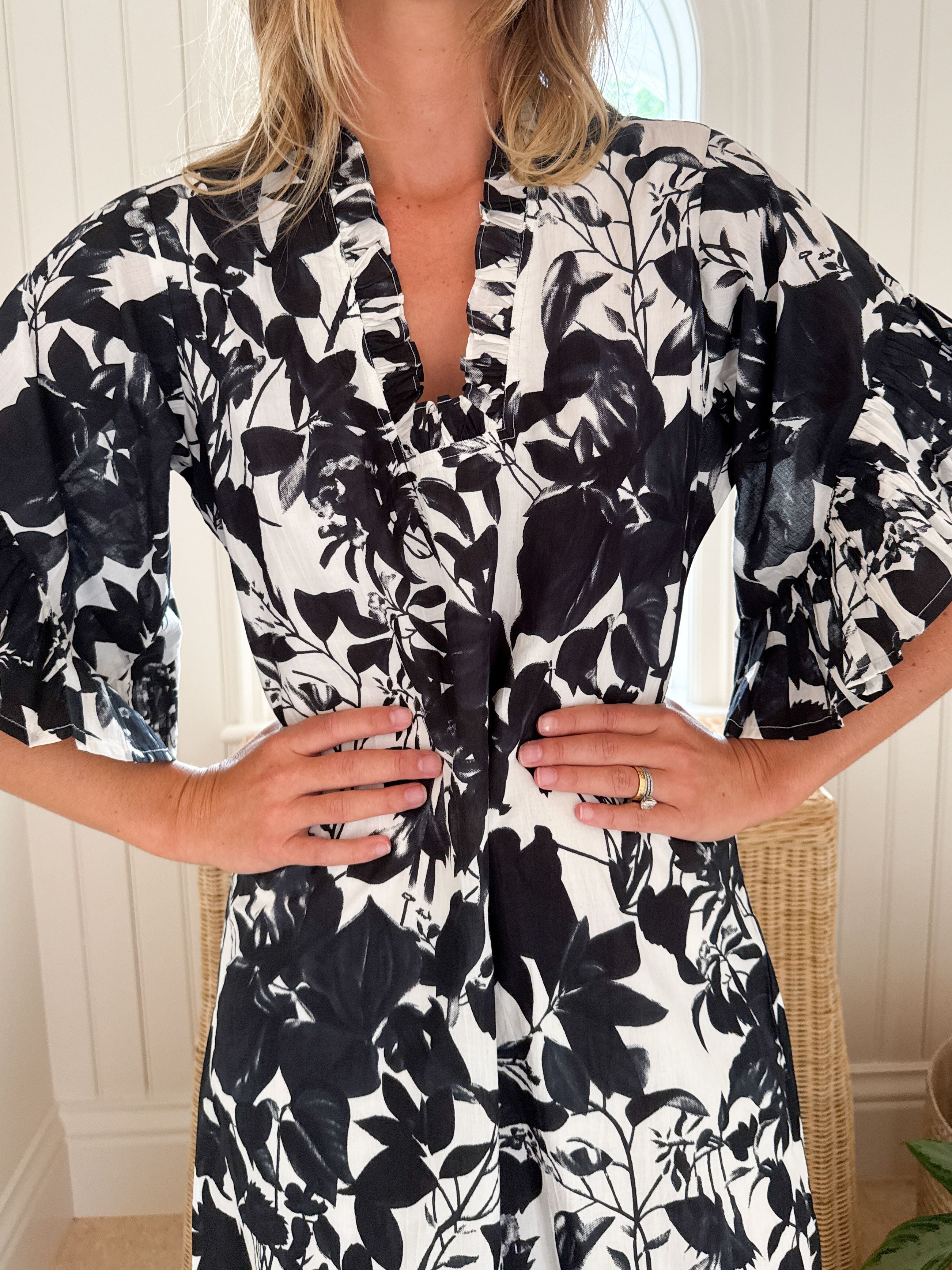 black and white floral wrap dress Boho Floral Print Wrap Dress: Black & White Polyester Maxi with Pompoms