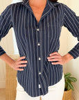 FRANK & EILEEN Barry Button Up Shirt Wide Blue Stripes
