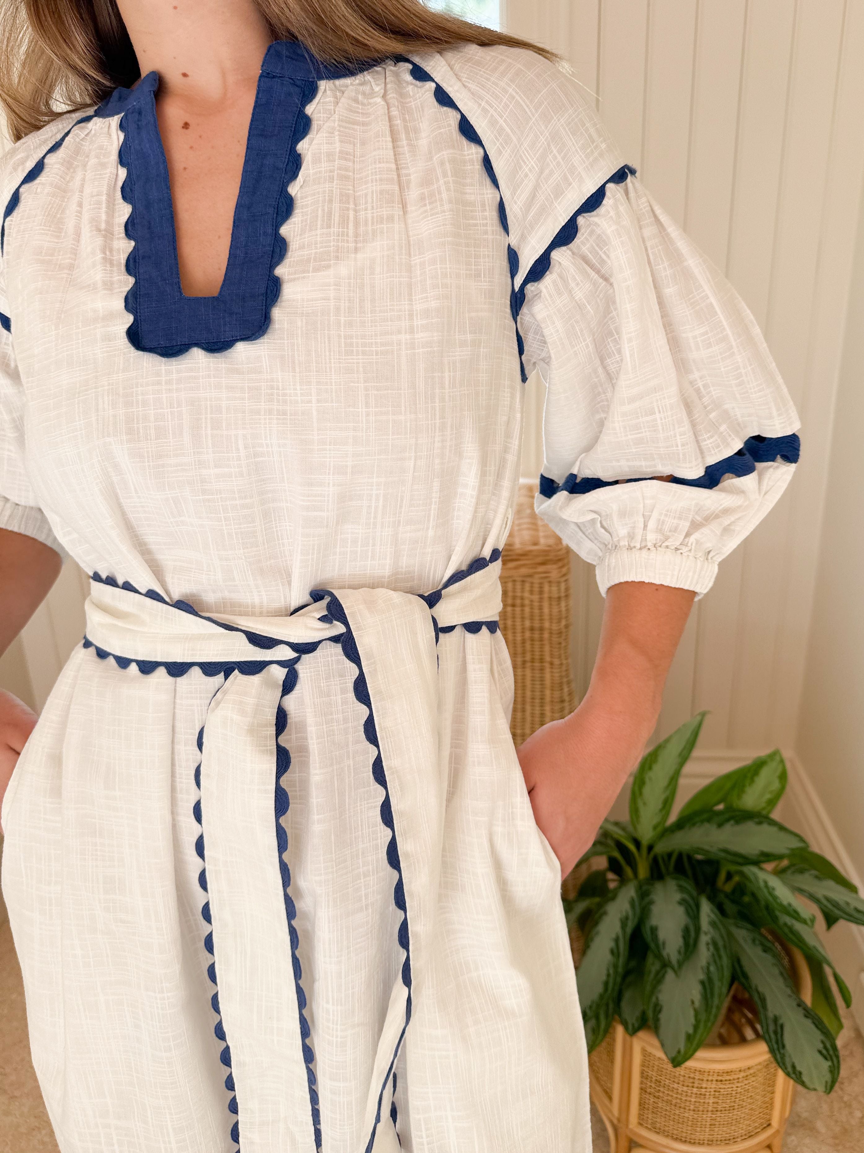 ROSE AND ROSE Fulham Dress White w/ Blue