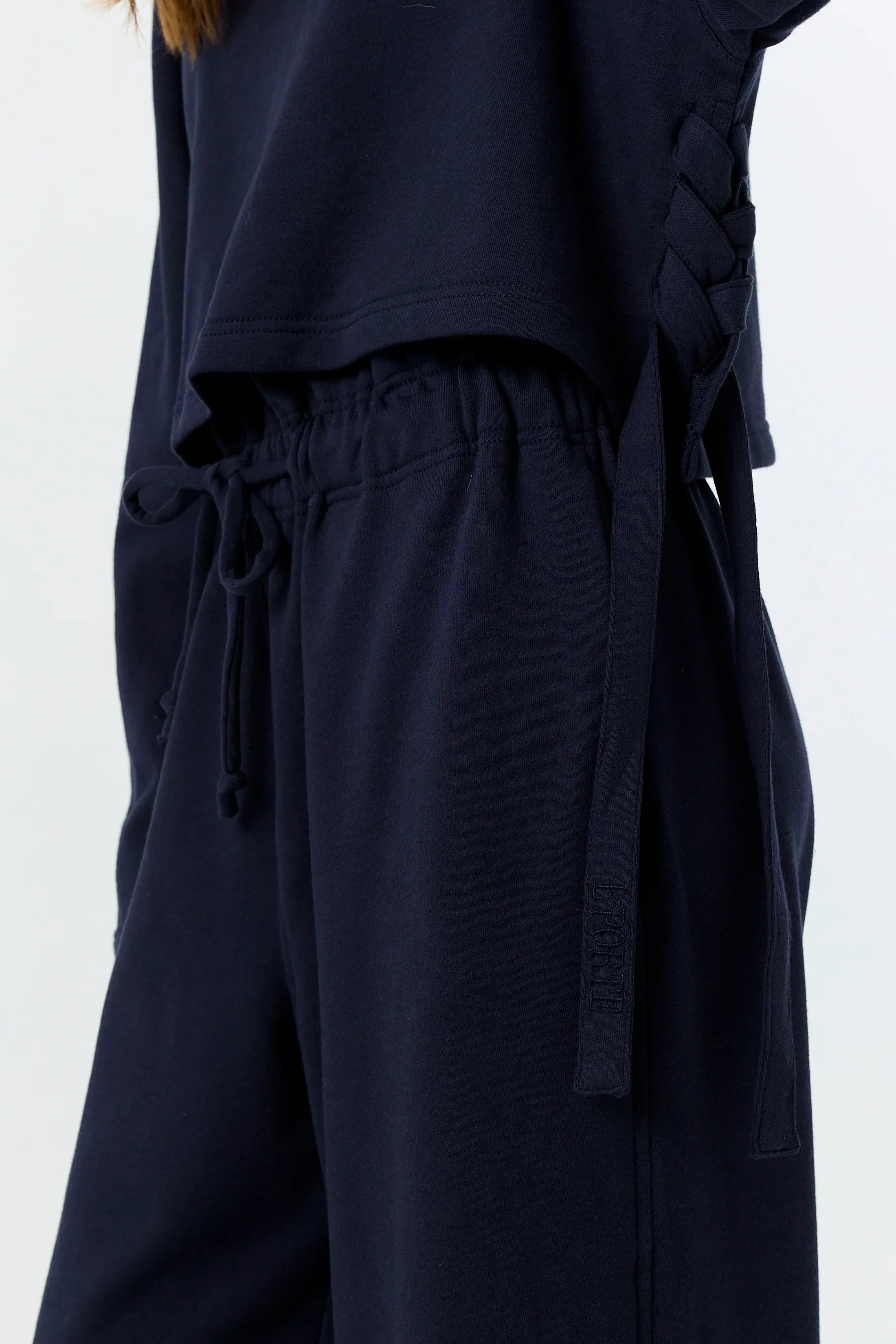 FINAL SALE LA PORTE High Waist Wide Leg Ruffle Sweatpant Navy