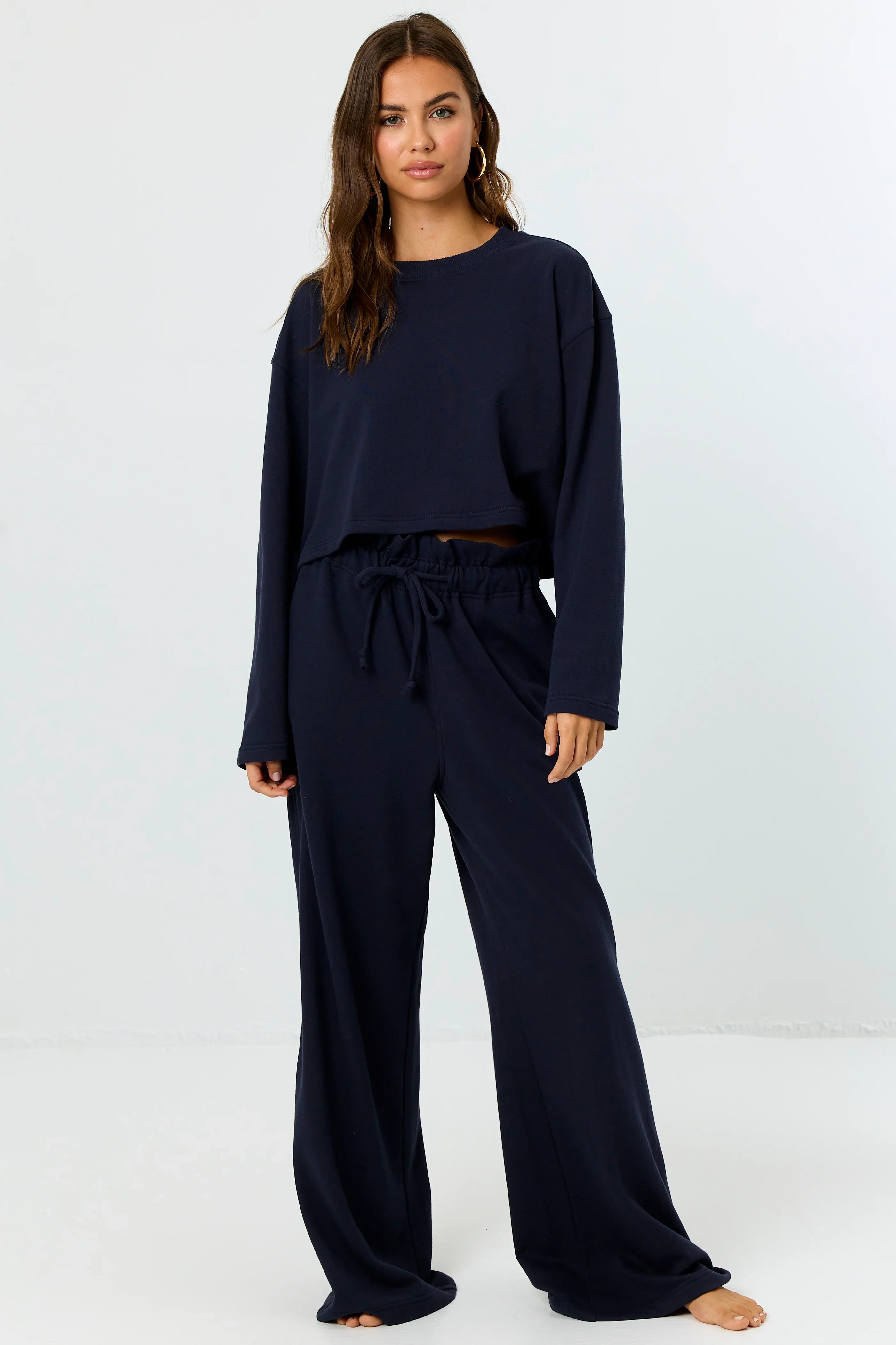 FINAL SALE LA PORTE High Waist Wide Leg Ruffle Sweatpant Navy