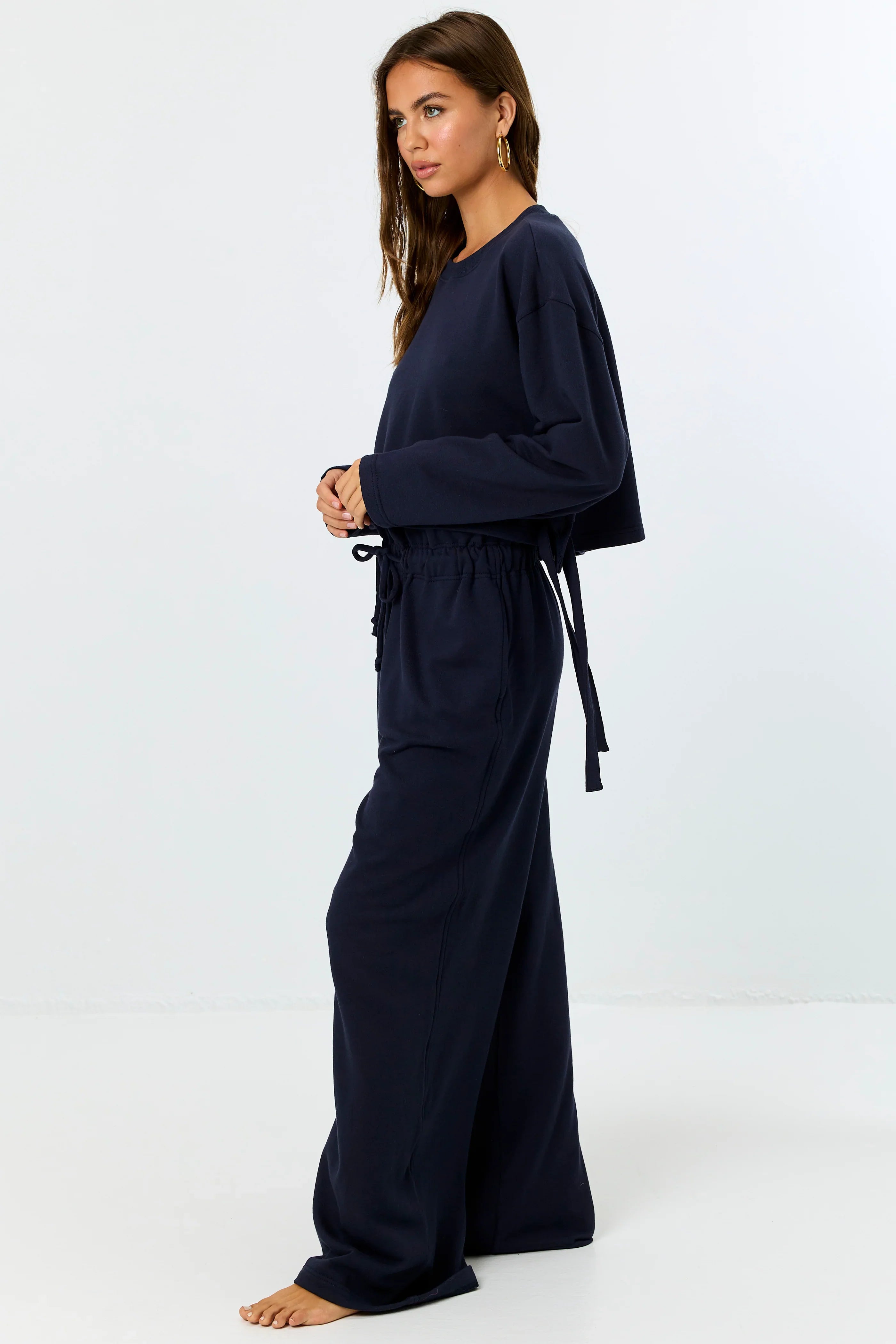 FINAL SALE LA PORTE High Waist Wide Leg Ruffle Sweatpant Navy