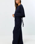FINAL SALE LA PORTE High Waist Wide Leg Ruffle Sweatpant Navy