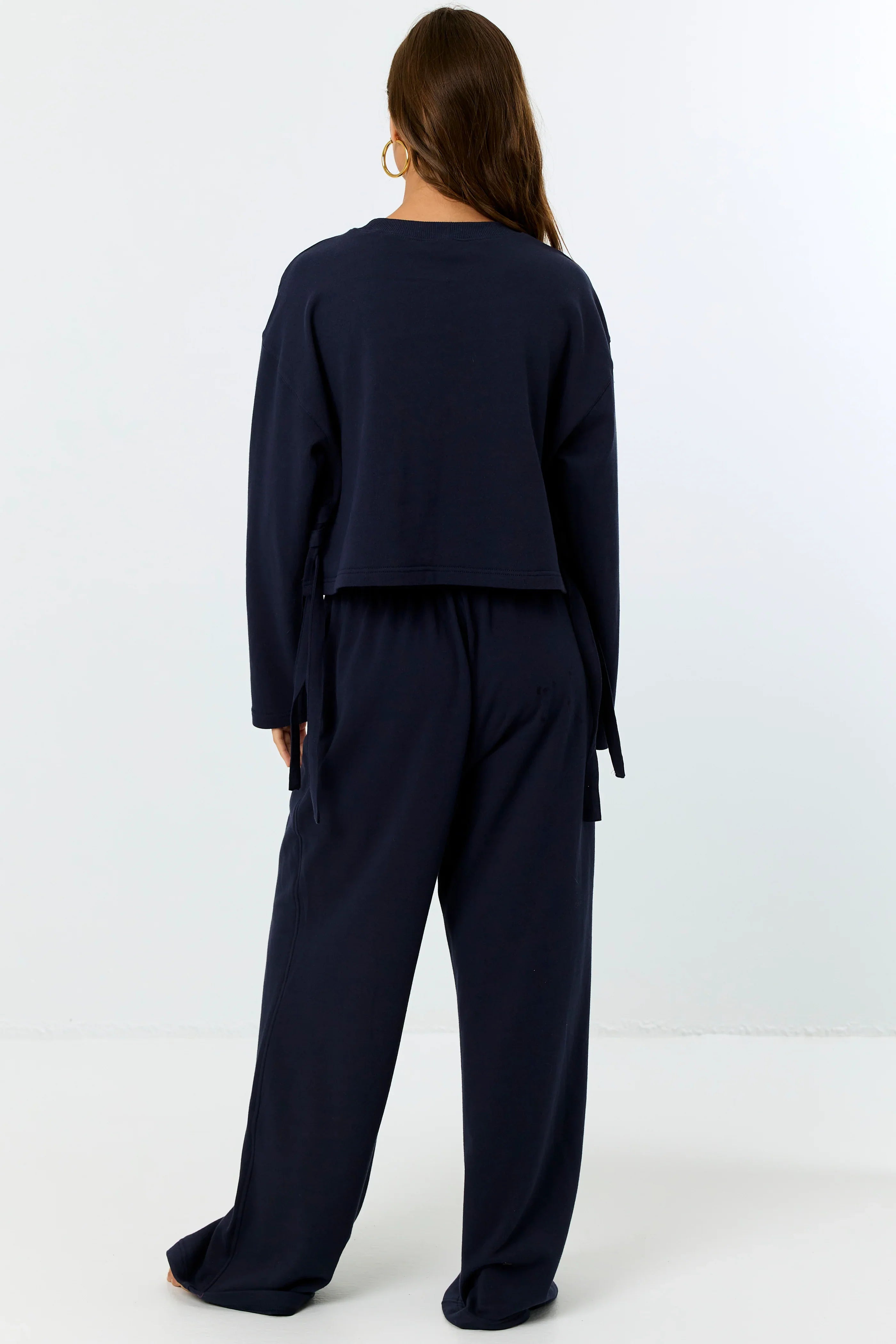 FINAL SALE LA PORTE High Waist Wide Leg Ruffle Sweatpant Navy