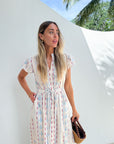 BEAU & RO Flutter Midi Dress Ikat Stripe Ivory