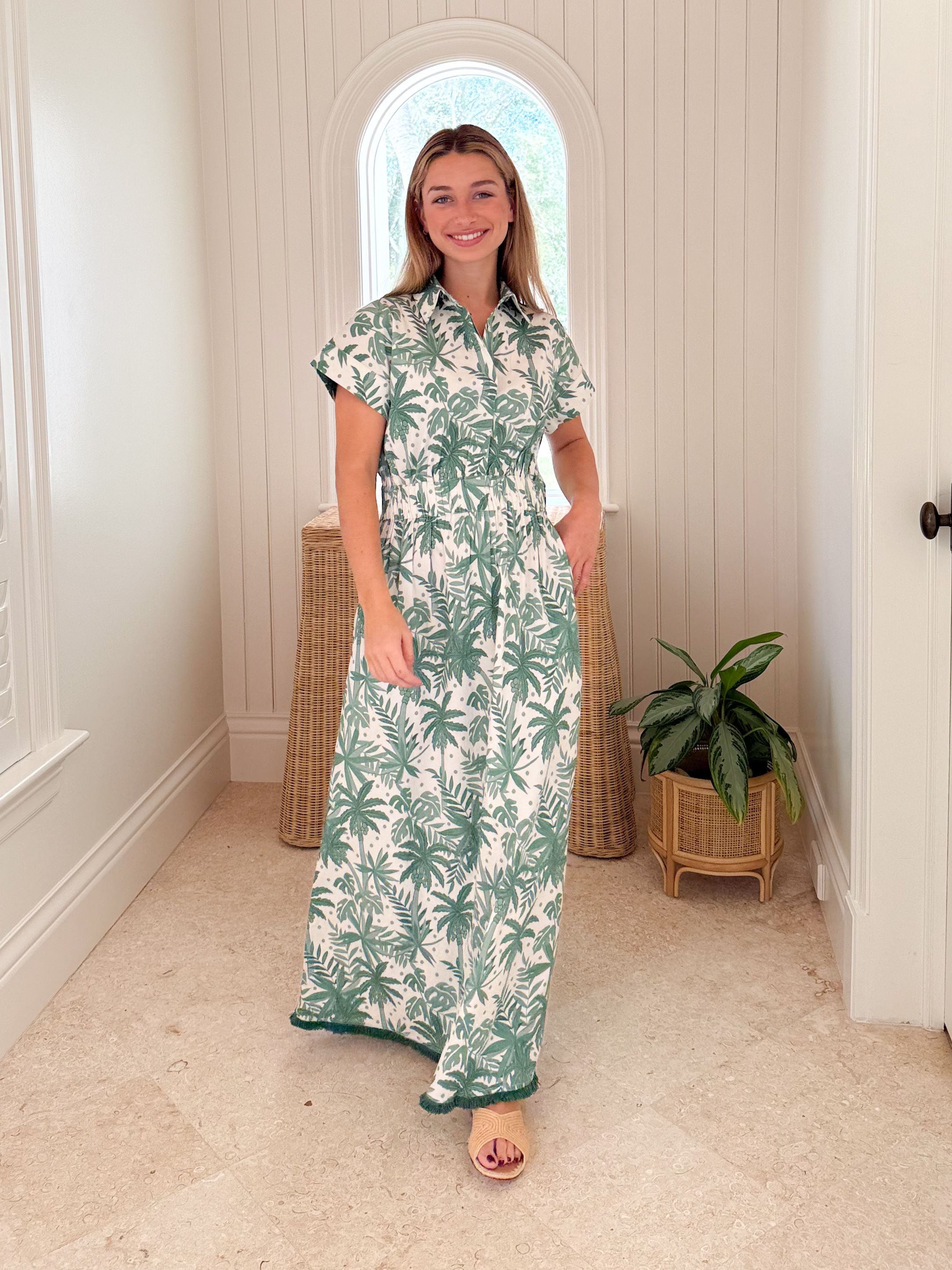 BEAU & RO Lisa Maxi Dress Beige Palm Leaf