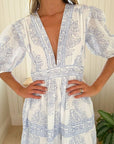 OLIPHANT V-Neck Puff Maxi Dress Amadora Blue