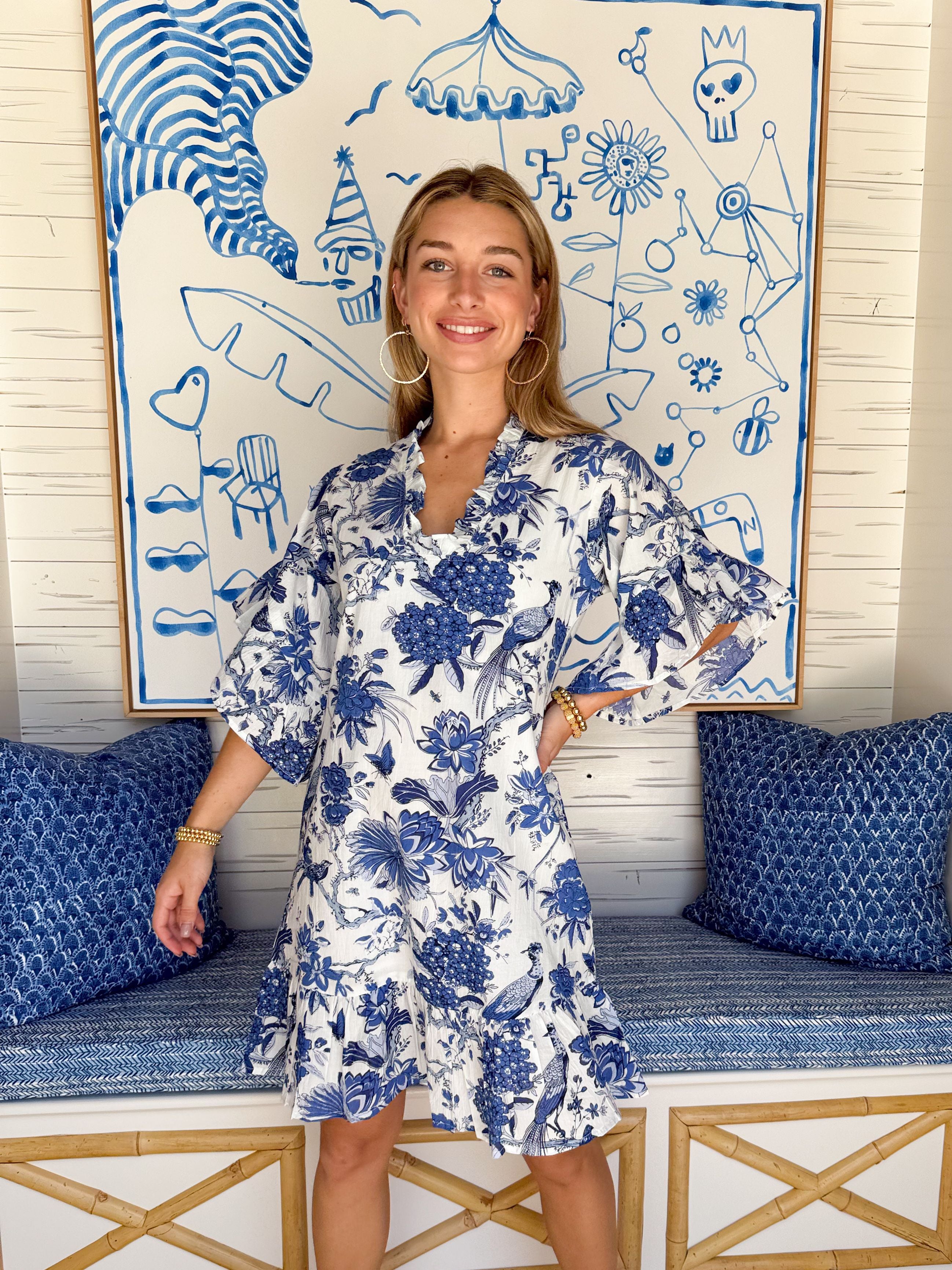 FITZROY & WILLA Soleil Mini Dress Blue/White Toile